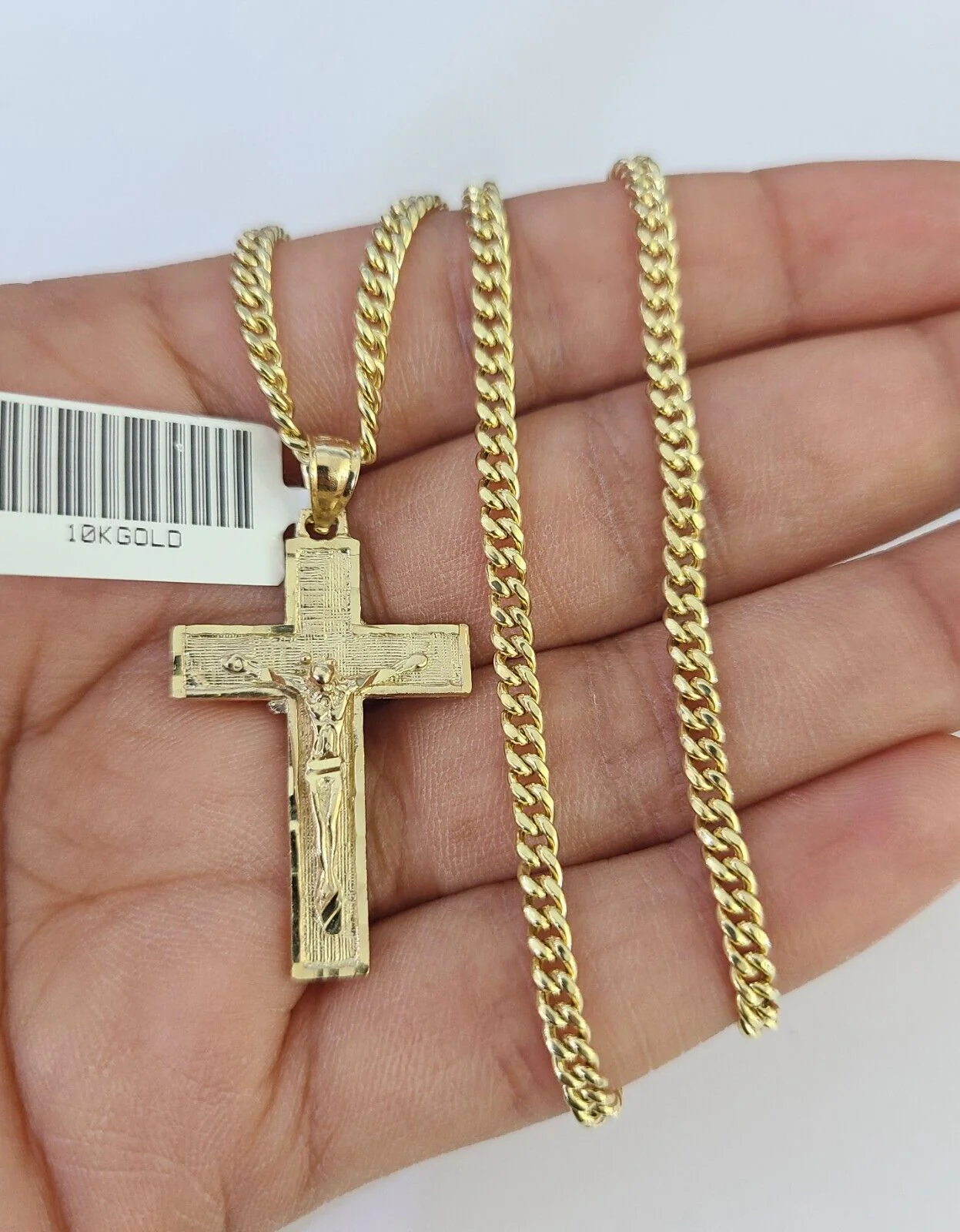 10K Gold Miami Cuban Chain Jesus Cross 18"-28" 3mm Pendant Necklace SET Charm - Image 4