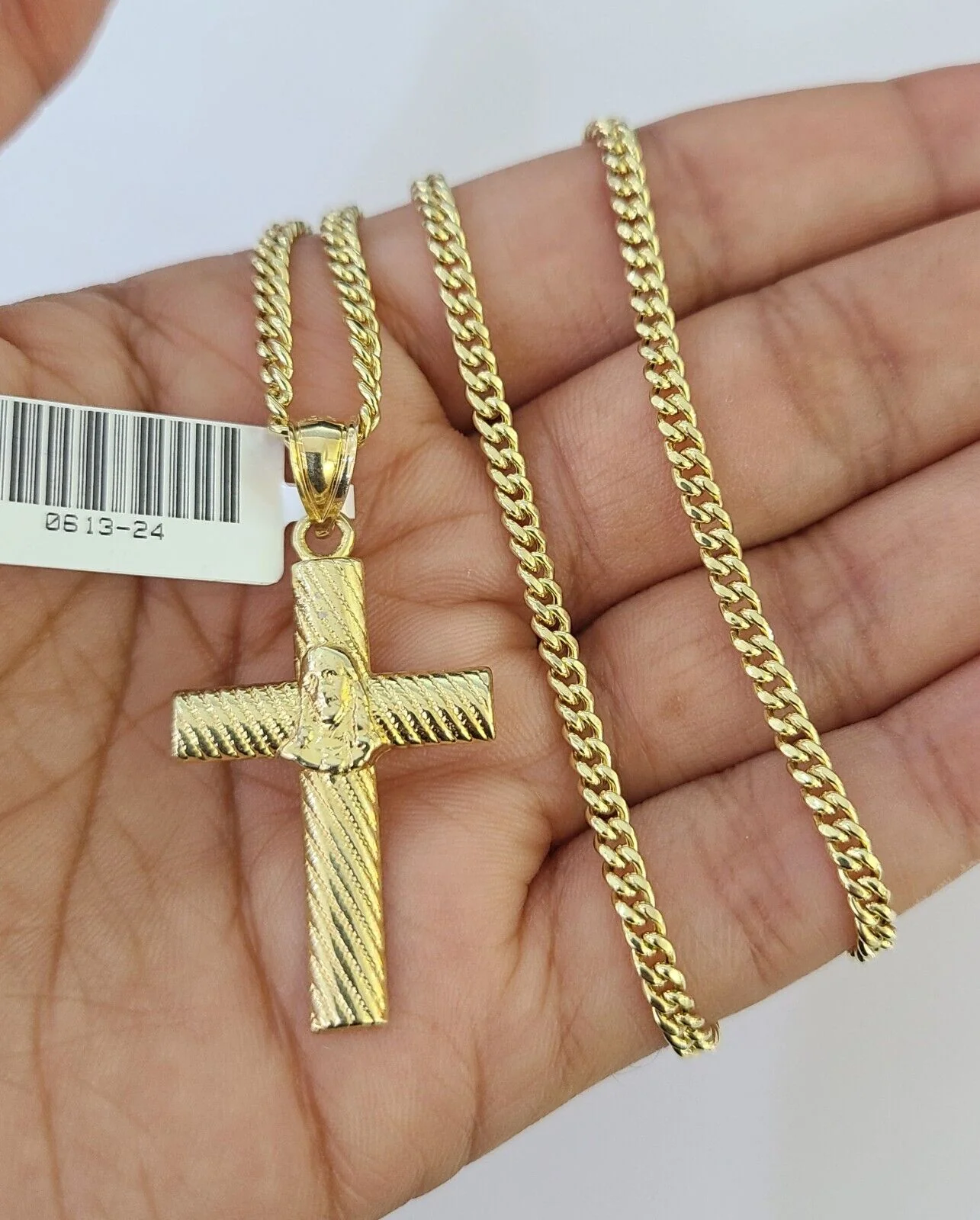 10K Gold Miami Cuban Chain Jesus Cross 18"-28" 3mm REAL Pendant Necklace SET - Image 4