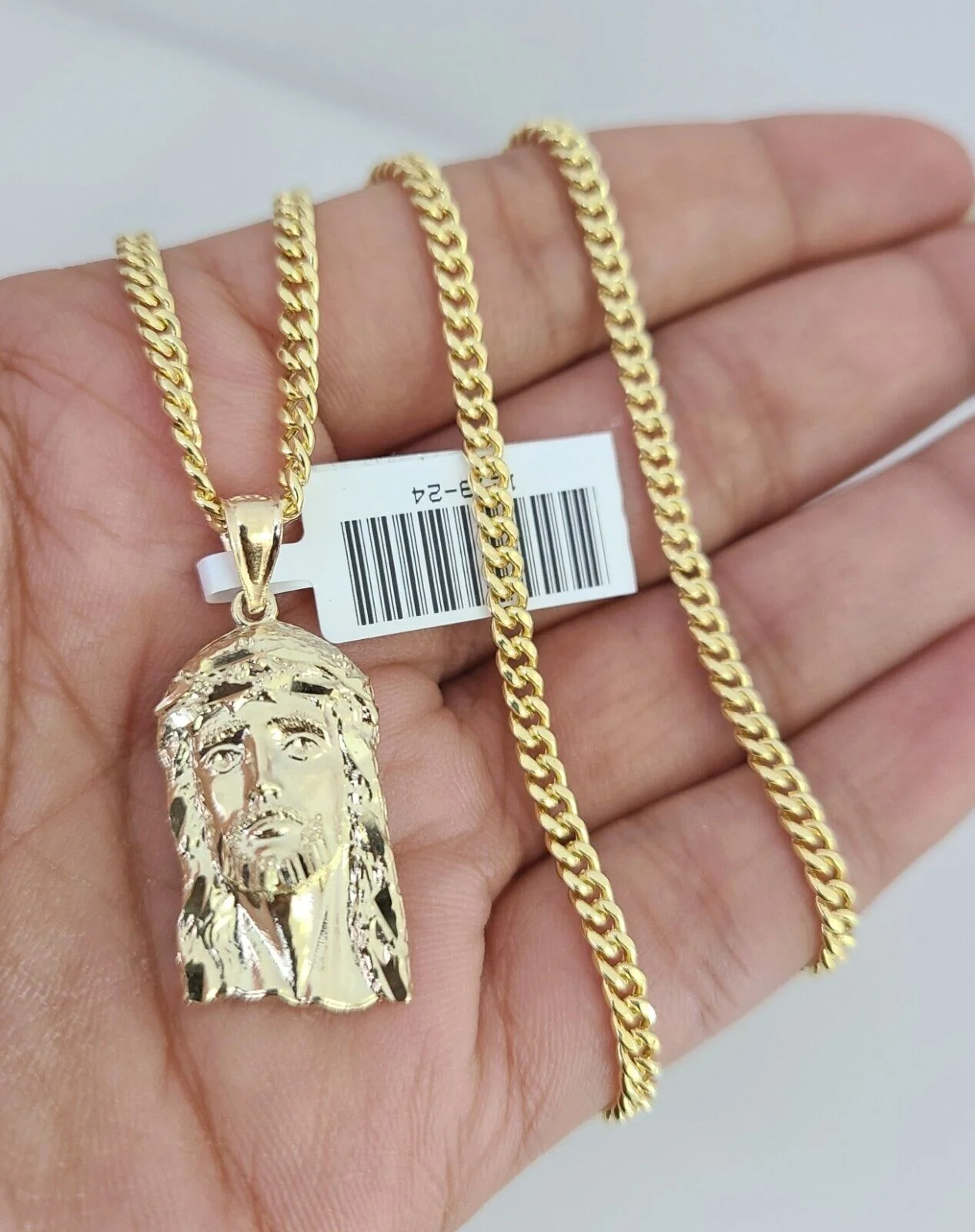10k Gold Miami Cuban Chain Jesus Head Charm Pendant 3mm 18-28 Inch Necklace Set - Image 2