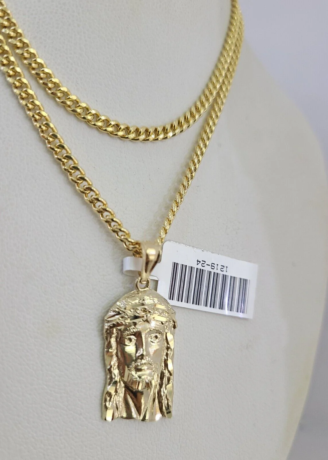 10k Gold Miami Cuban Chain Jesus Head Charm Pendant 3mm 18-28 Inch Necklace Set - Image 5