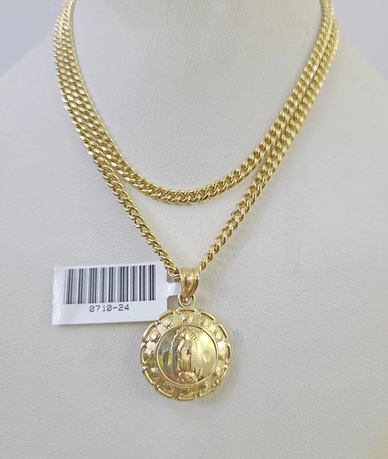 10K Gold Miami Cuban Chain Jesus Mary 18"-28" 3mm REAL Pendant Necklace SET - Image 2
