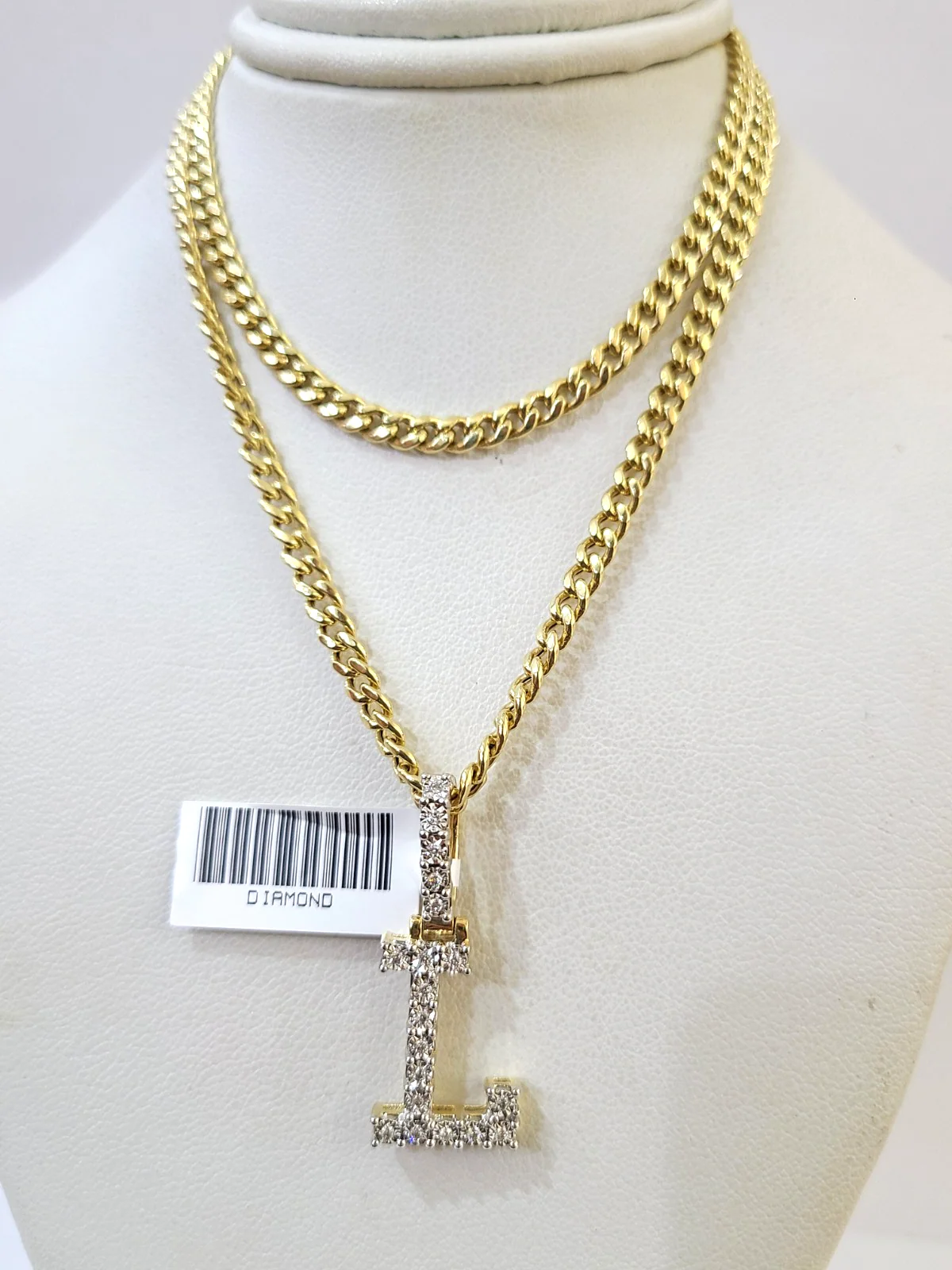 10K Gold Miami Cuban Chain L Diamond Initial 18"-24" 2mm Pendant Necklace SET - Image 2