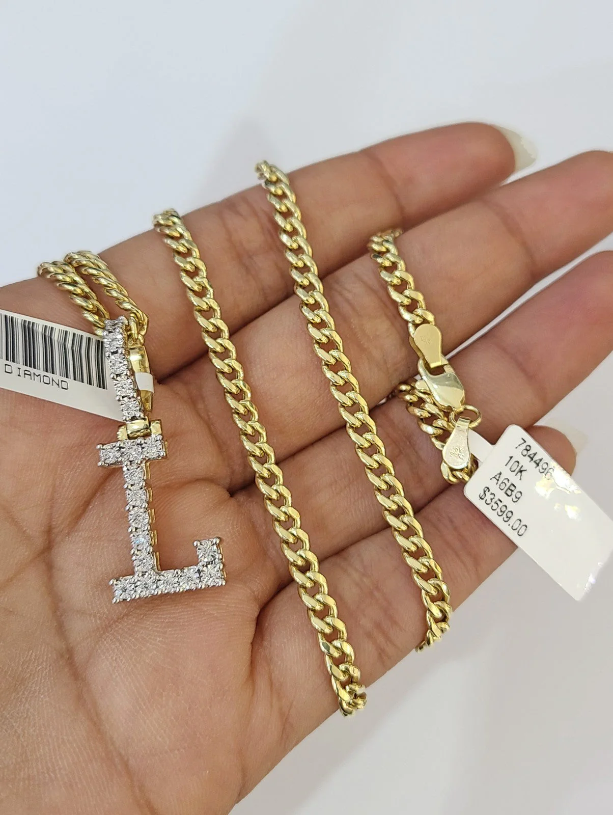10K Gold Miami Cuban Chain L Diamond Initial 20"-28" 3mm Pendant Necklace SET - Image 3