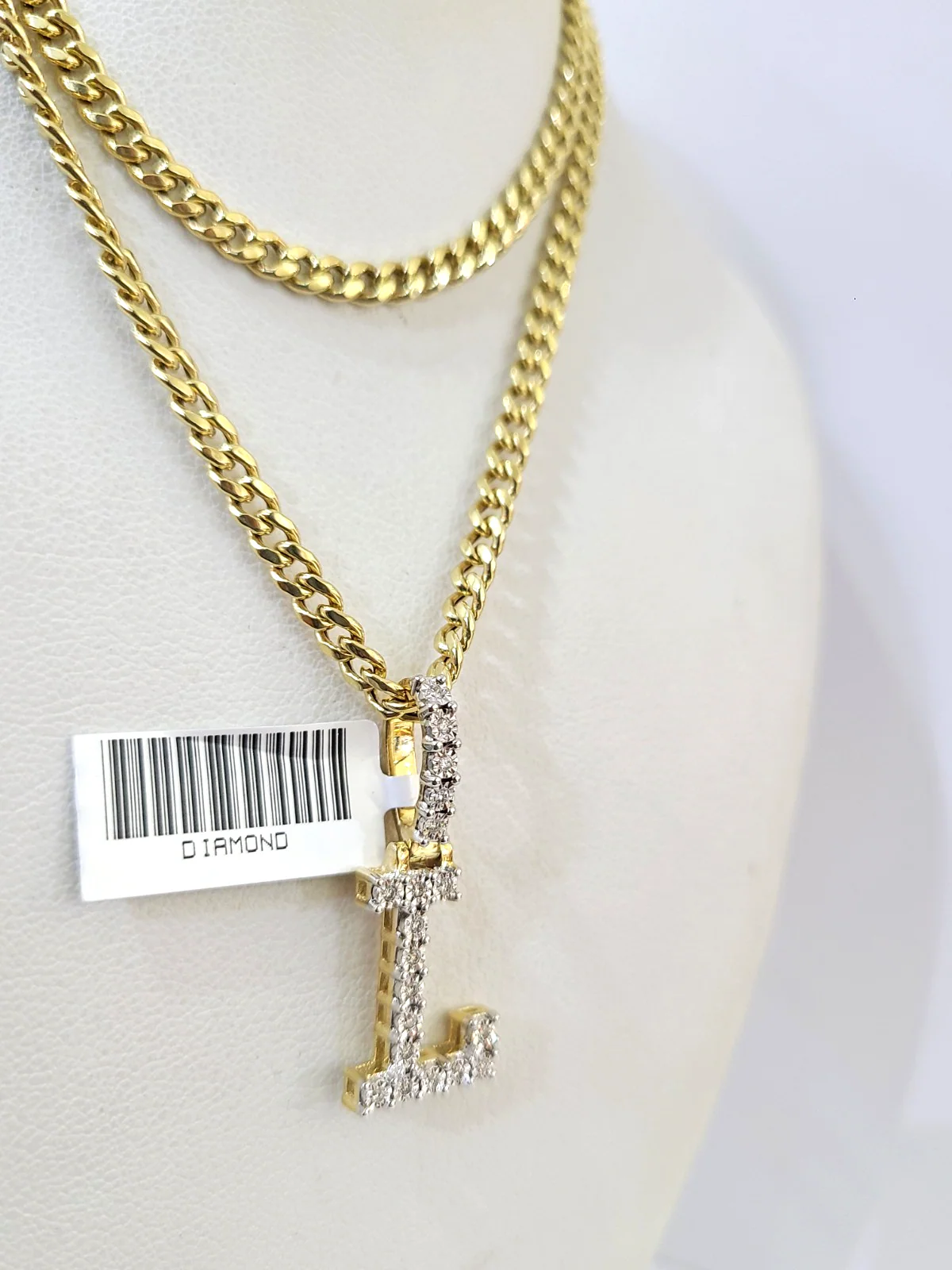 10K Gold Miami Cuban Chain L Diamond Initial 20"-28" 3mm Pendant Necklace SET - Image 5