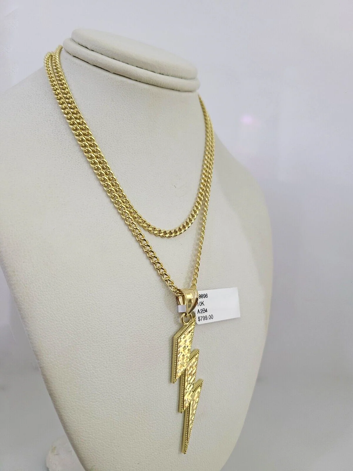 10k Gold Miami Cuban Chain Lightning Charm Pendant 3mm 18-28in Necklace Set - Image 3