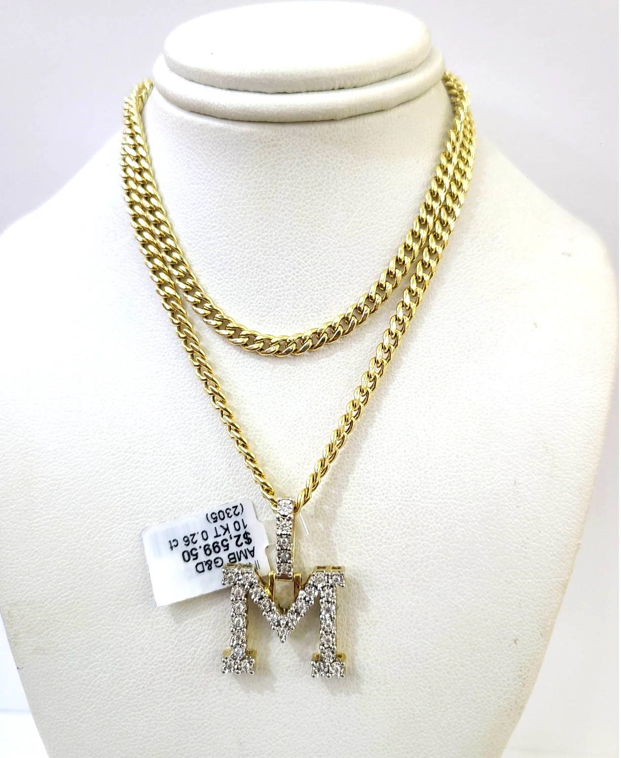 10K Gold Miami Cuban Chain M Diamond Initial 18"-24" 2mm Pendant Necklace SET - Image 4