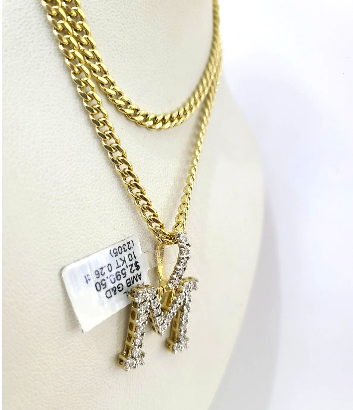 10K Gold Miami Cuban Chain M Diamond Initial 18"-24" 2mm Pendant Necklace SET - Image 6
