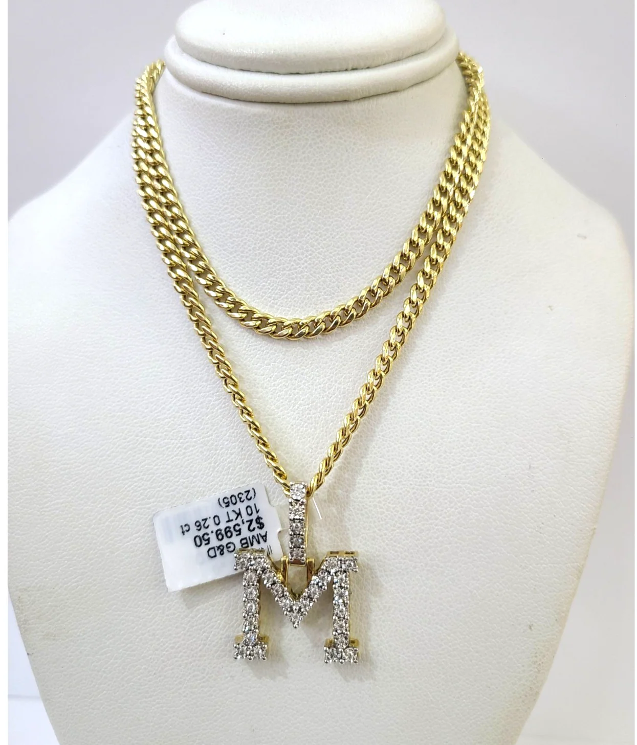 10K Gold Miami Cuban Chain M Diamond Initial 20"-28" 3mm Pendant Necklace SET - Image 3