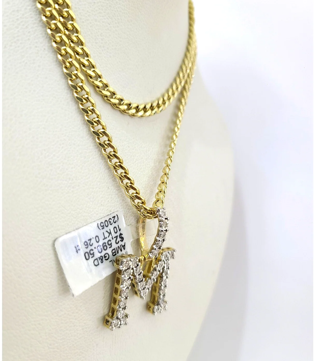 10K Gold Miami Cuban Chain M Diamond Initial 20"-28" 3mm Pendant Necklace SET - Image 5