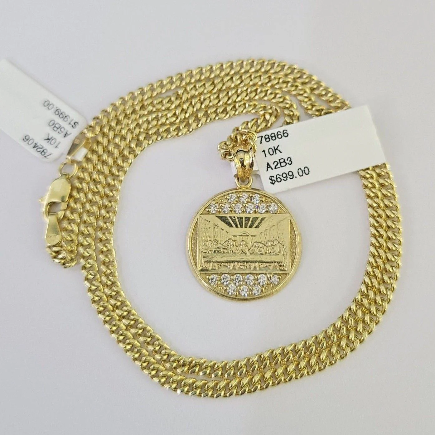 10K Gold Miami Cuban Chain Last Supper Charm 18"-28" 3mm Pendant Necklace SET - Image 3