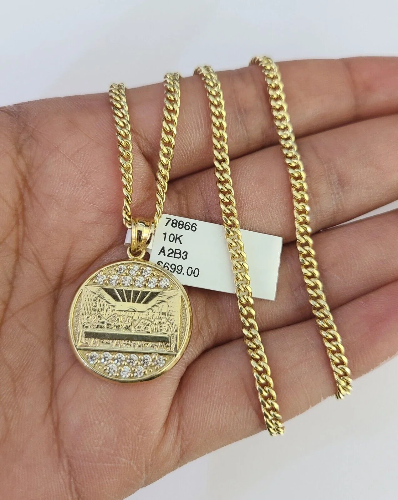 10K Gold Miami Cuban Chain Last Supper Charm 18"-28" 3mm Pendant Necklace SET - Image 4