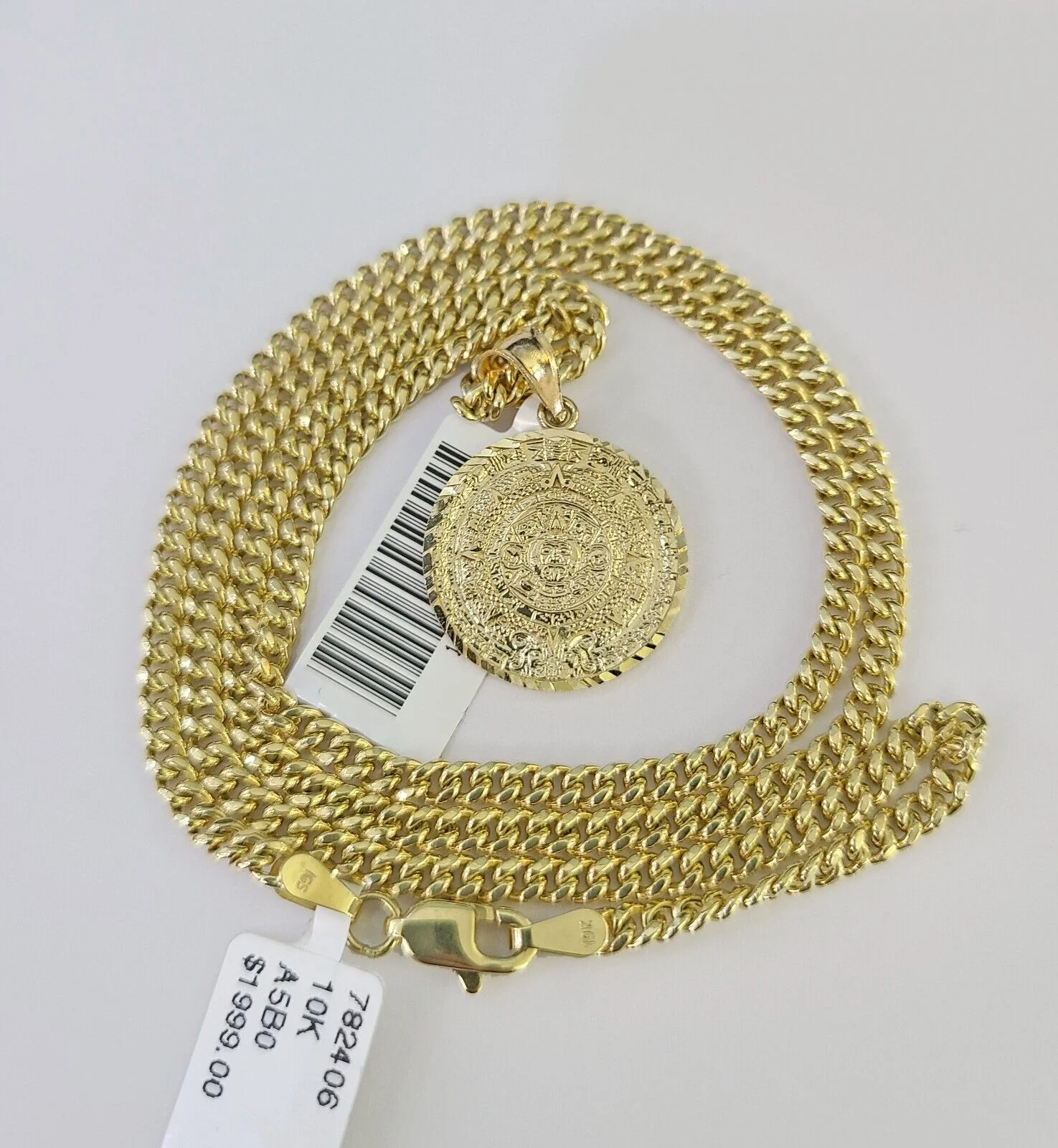 10K Gold Miami Cuban Chain Mayan Calendar 18"-28" 3mm REAL Pendant Necklace SET - Image 4