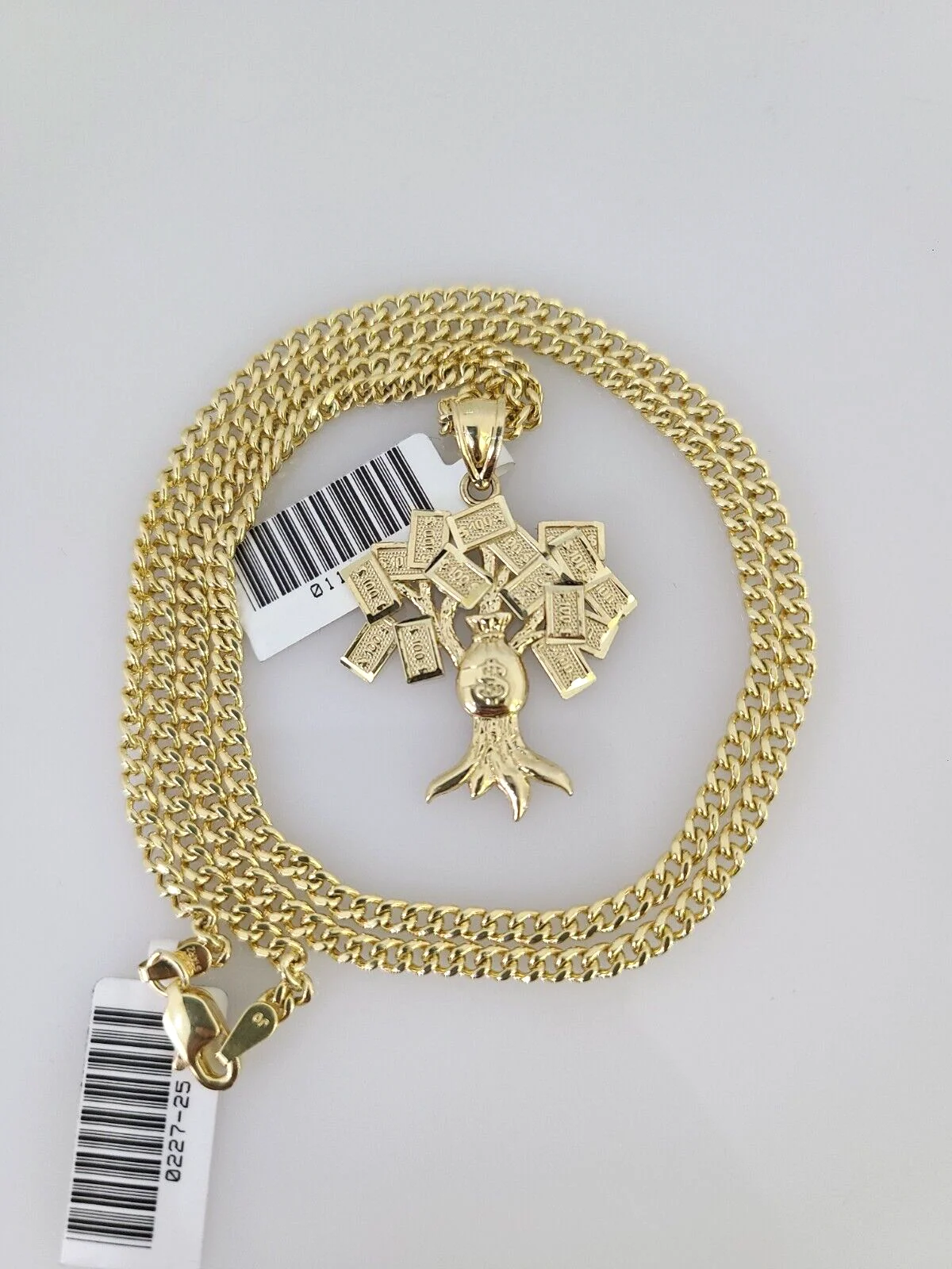 10k Gold Miami Cuban Chain Money Tree Charm Pendant 3mm 18-28in Necklace Set - Image 3