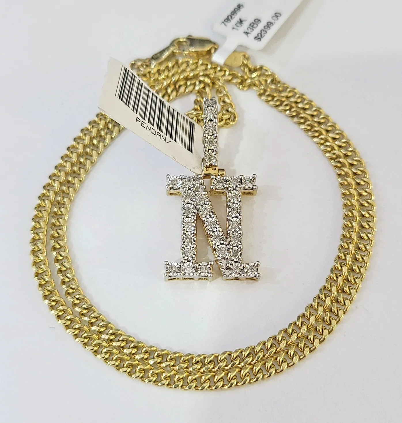 10K Gold Miami Cuban Chain N Diamond Initial 18"-24" 2mm Pendant Necklace SET - Image 3