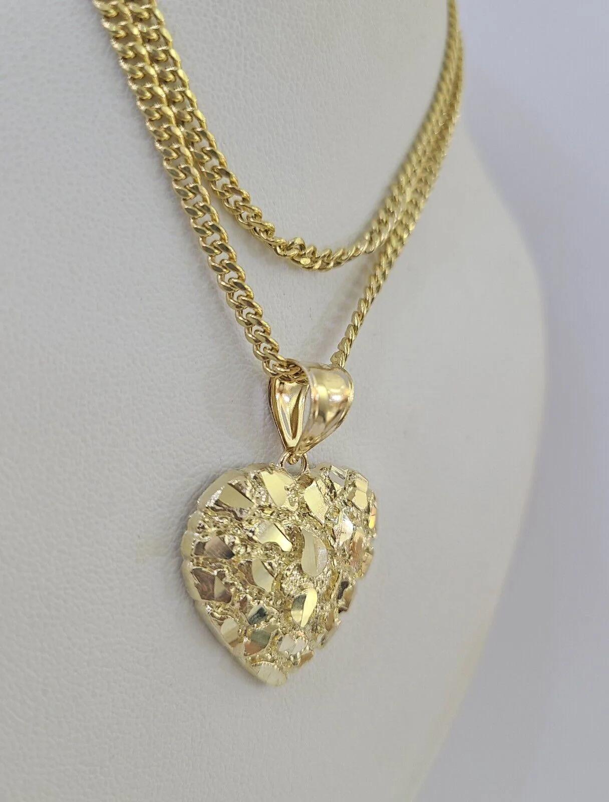 10K Gold Miami Cuban Chain Nugget Heart Charm 18"-24" 3mm REAL Pendant Ladies - Image 2