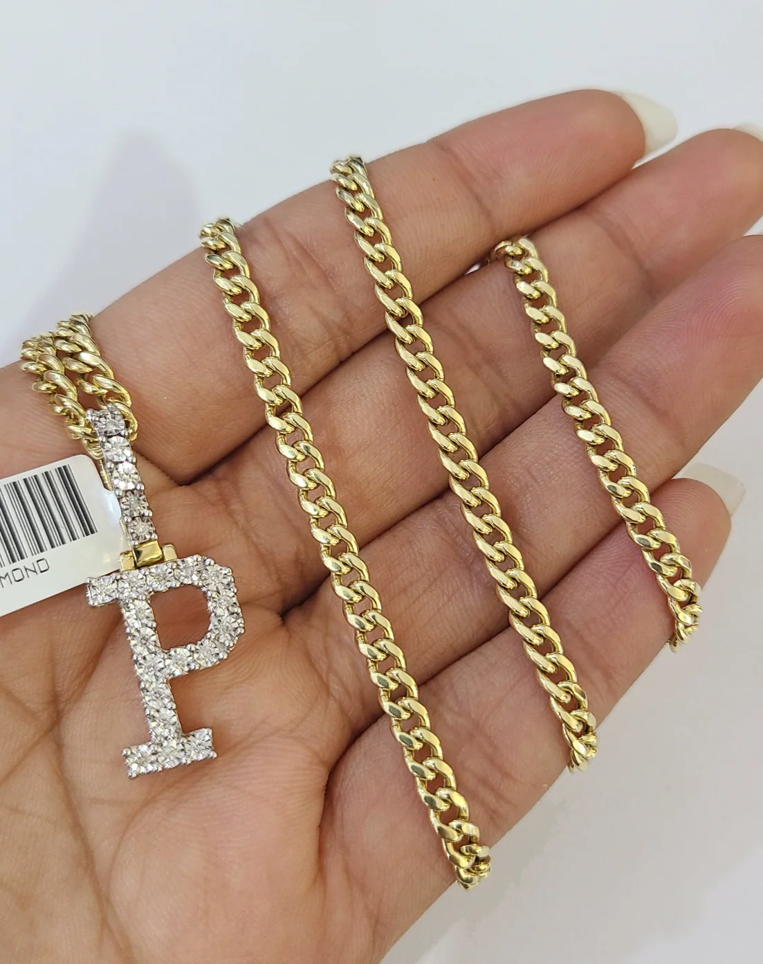 10K Gold Miami Cuban Chain P Diamond Initial 18"-24" 2mm Pendant Necklace SET - Image 3