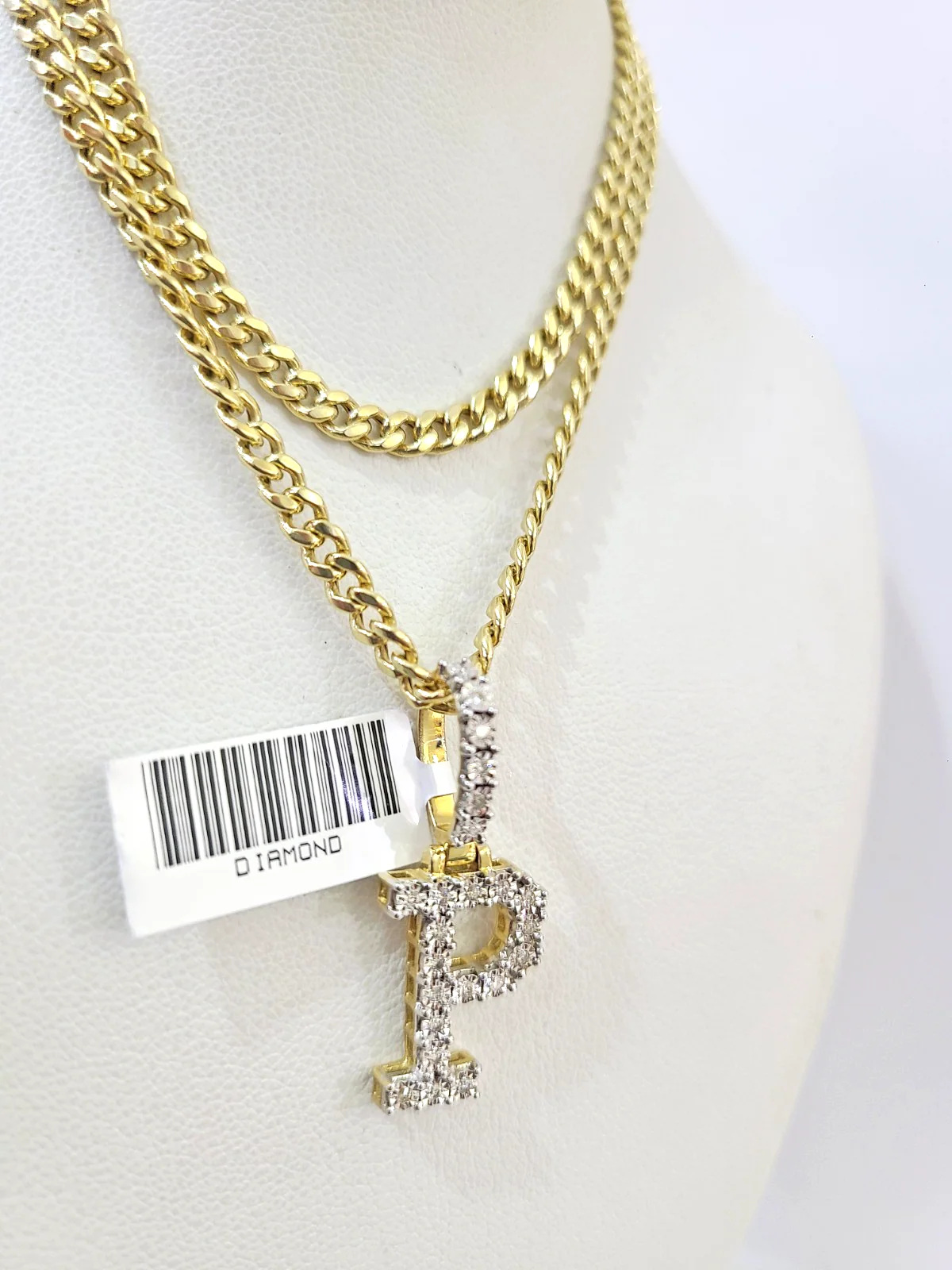 10K Gold Miami Cuban Chain P Diamond Initial 18"-24" 2mm Pendant Necklace SET - Image 4