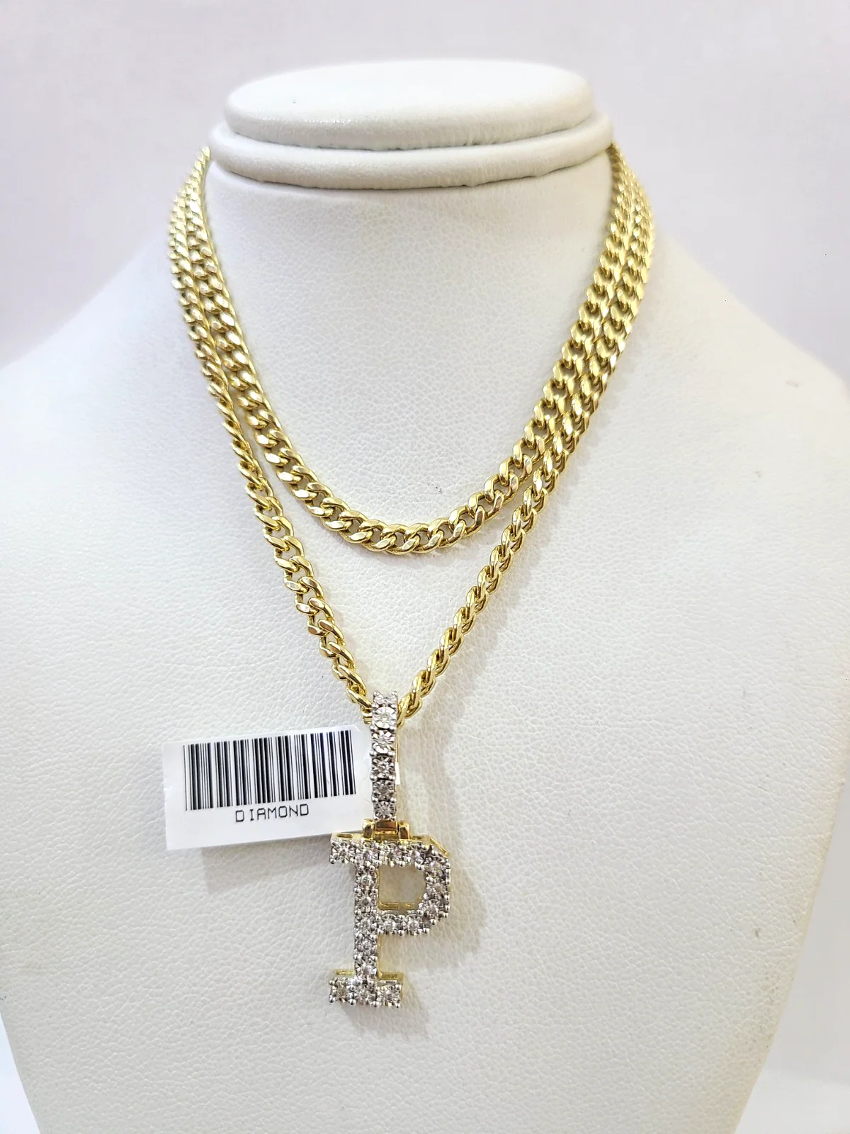 10K Gold Miami Cuban Chain P Diamond Initial 18"-24" 2mm Pendant Necklace SET - Image 6