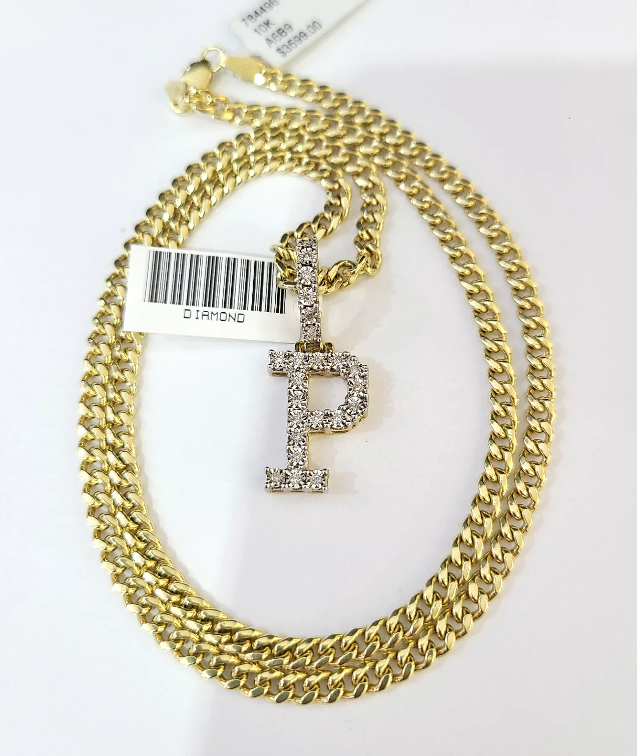 10K Gold Miami Cuban Chain P Diamond Initial 20"-28" 3mm Pendant Necklace SET - Image 2