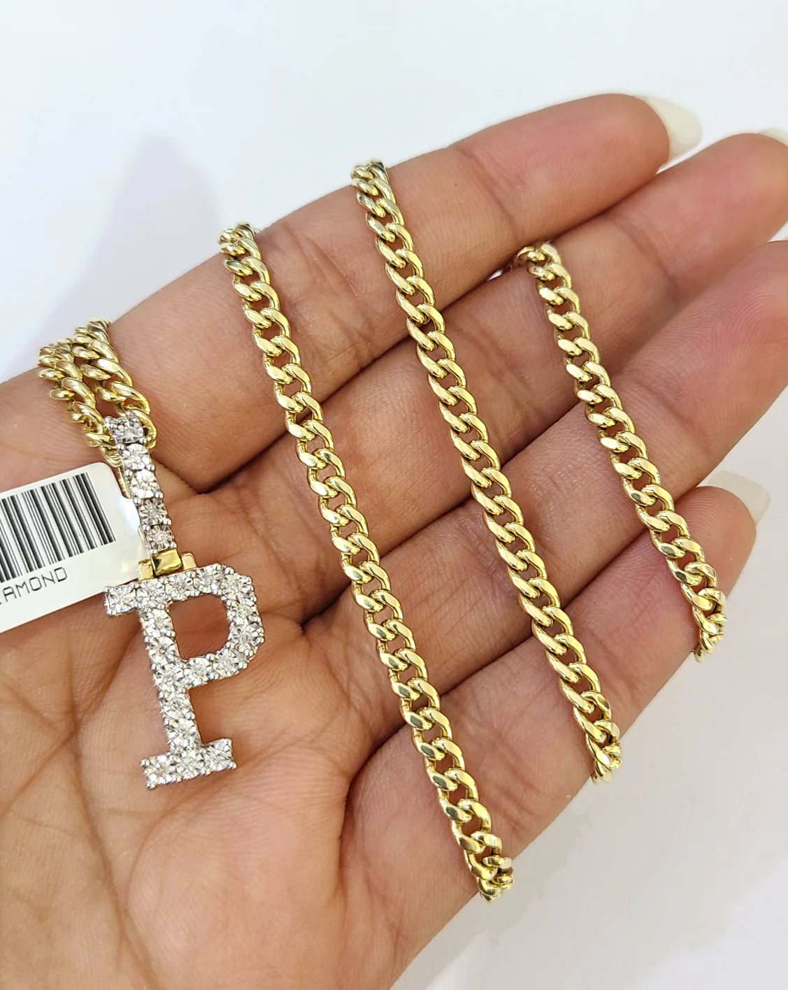 10K Gold Miami Cuban Chain P Diamond Initial 20"-28" 3mm Pendant Necklace SET - Image 4