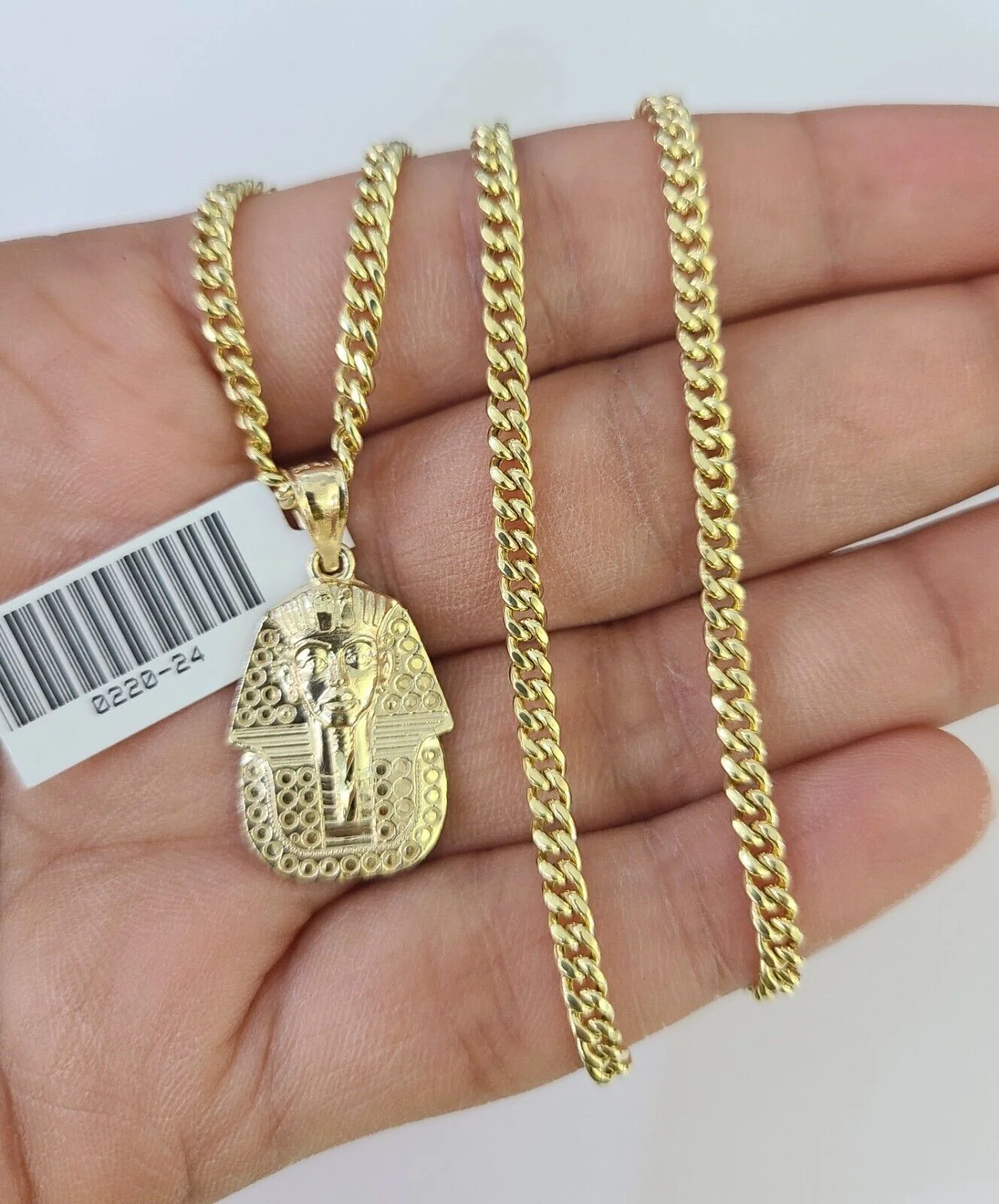 10K Gold Miami Cuban Chain Pharaoh 18"-28" 3mm REAL Pendant Necklace SET - Image 3