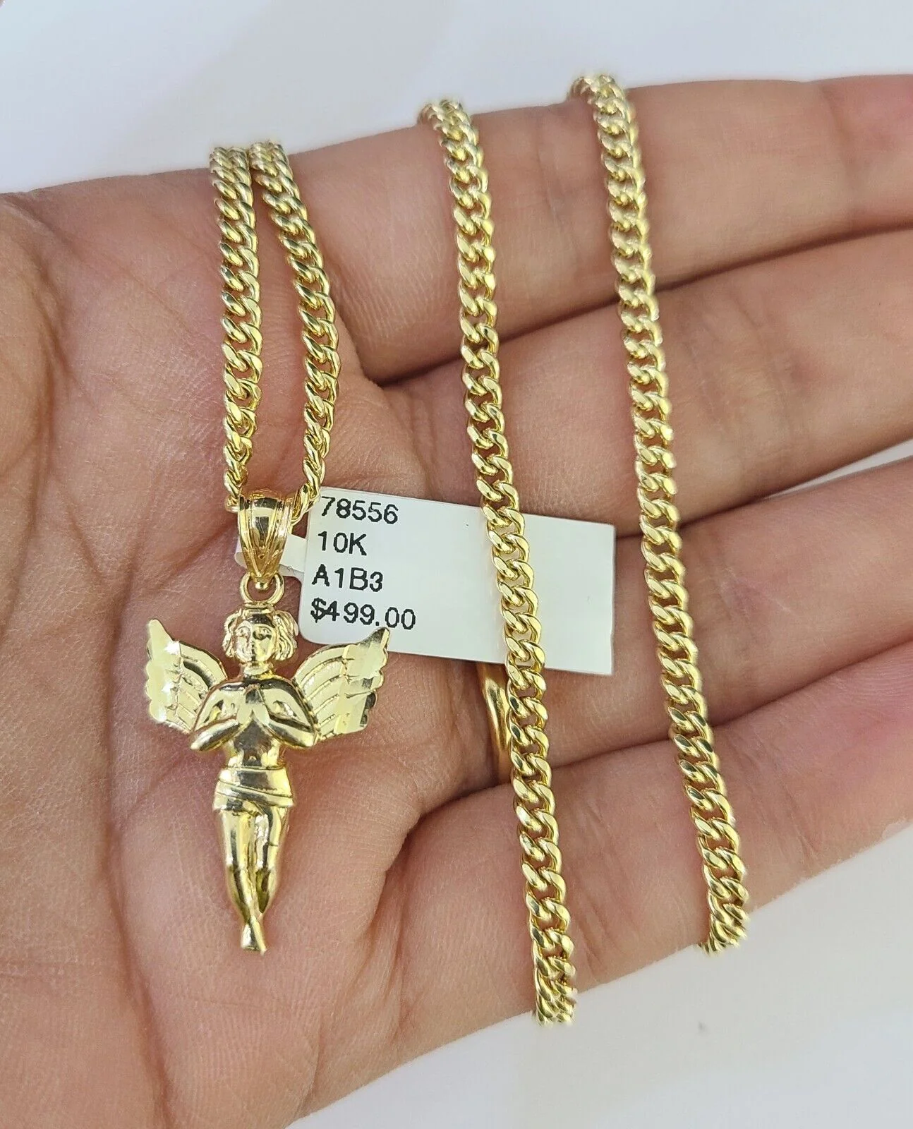 10K Gold Miami Cuban Chain Praying Angel 18"-28" 3mm REAL Pendant Necklace SET - Image 4