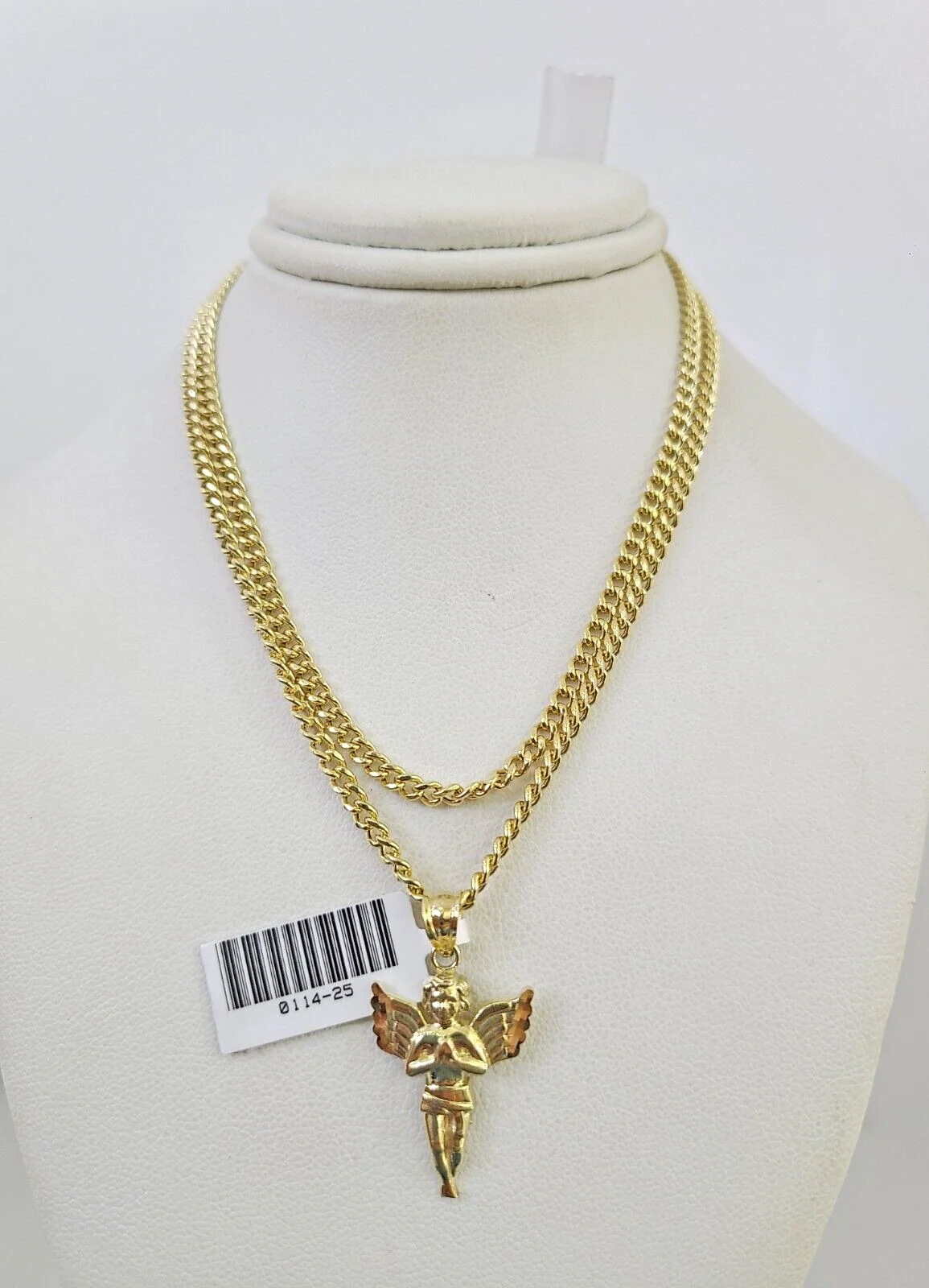 10k Gold Miami Cuban Chain Praying Angel Charm Pendant 3mm 18-28in Necklace Set