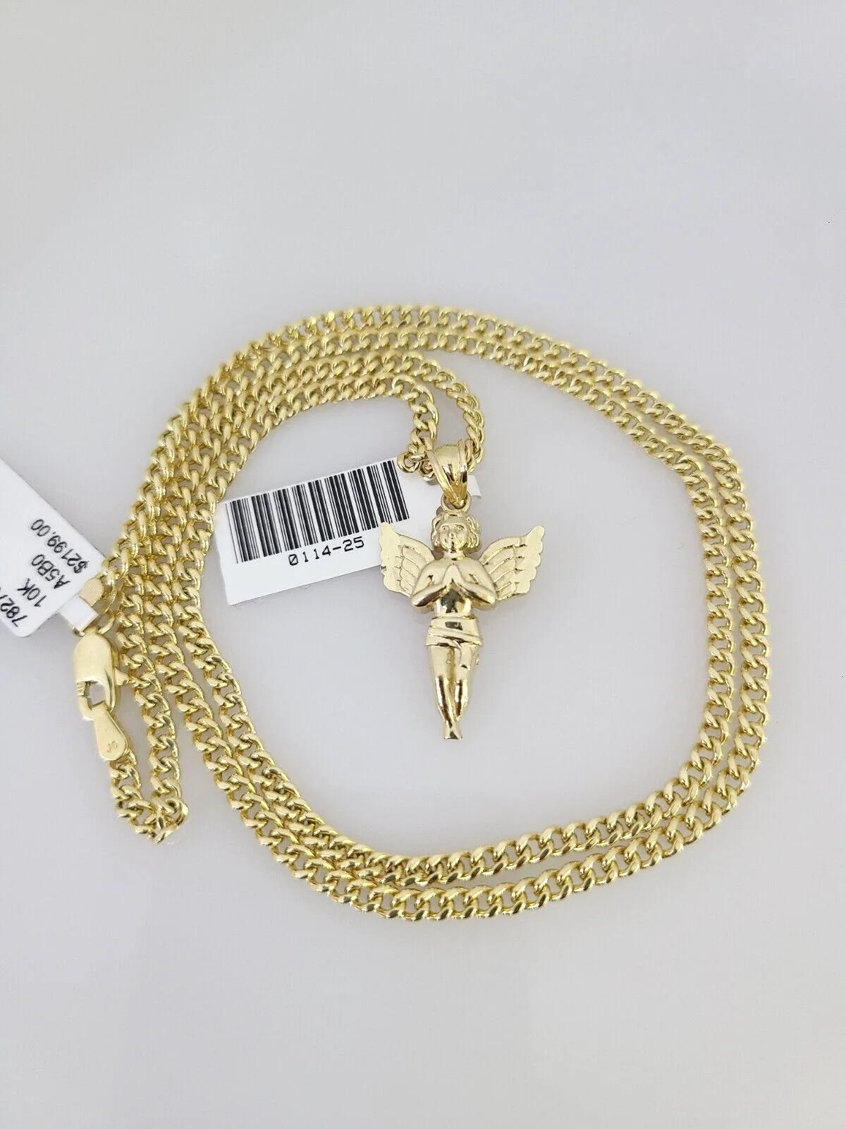 10k Gold Miami Cuban Chain Praying Angel Charm Pendant 3mm 18-28in Necklace Set - Image 2