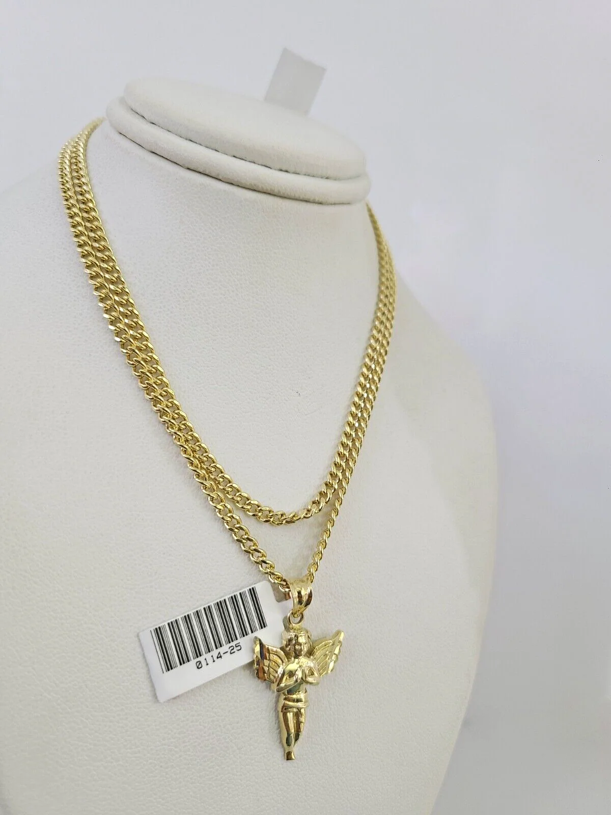 10k Gold Miami Cuban Chain Praying Angel Charm Pendant 3mm 18-28in Necklace Set - Image 4