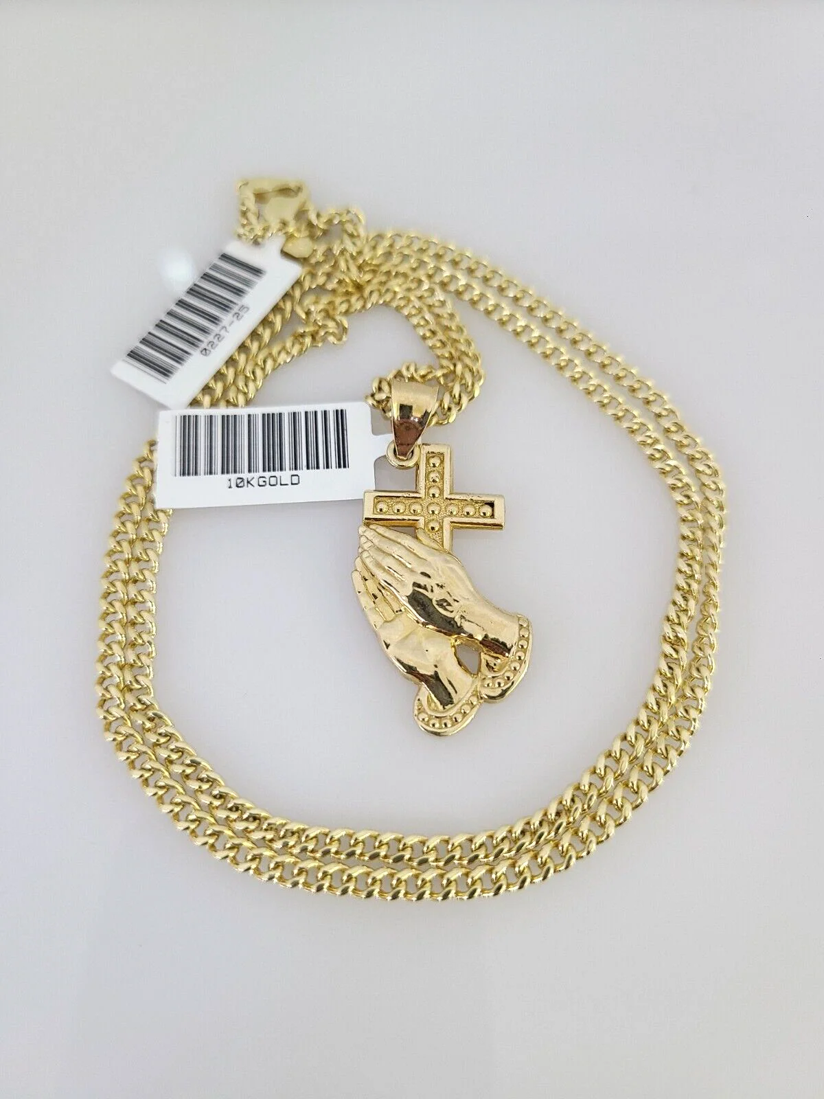 10k Gold Miami Cuban Chain Praying Hands Charm Pendant 3mm 18-28in Necklace Set