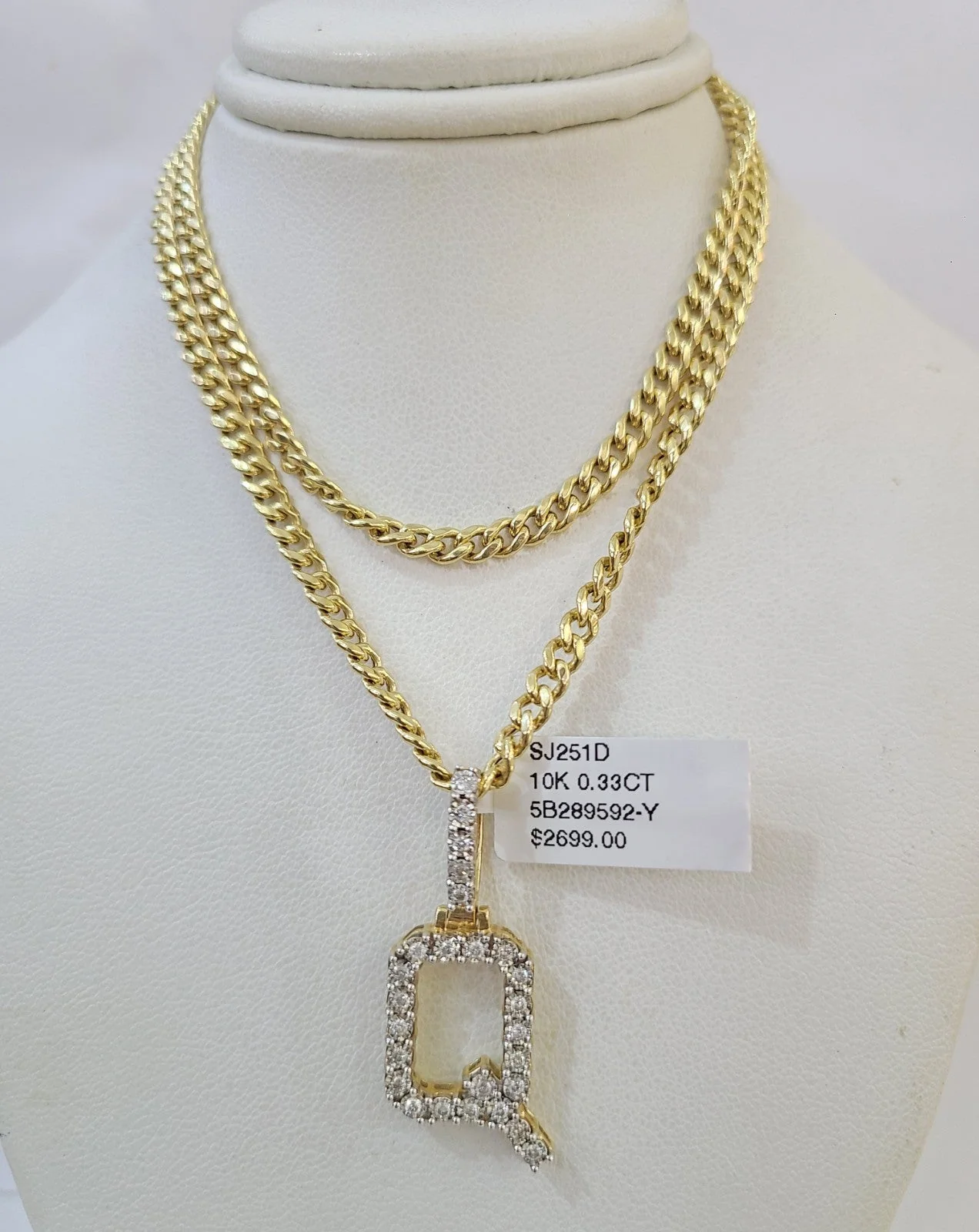 10K Gold Miami Cuban Chain Q Diamond Initial 18"-24" 2mm Pendant Necklace SET - Image 4