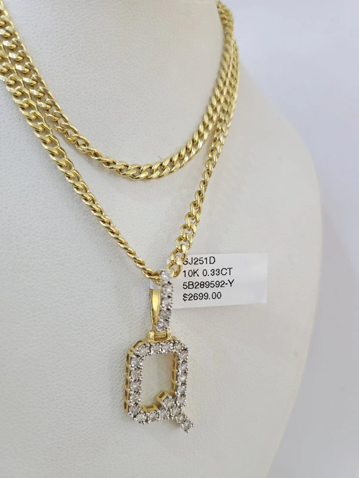 10K Gold Miami Cuban Chain Q Diamond Initial 18"-24" 2mm Pendant Necklace SET - Image 6