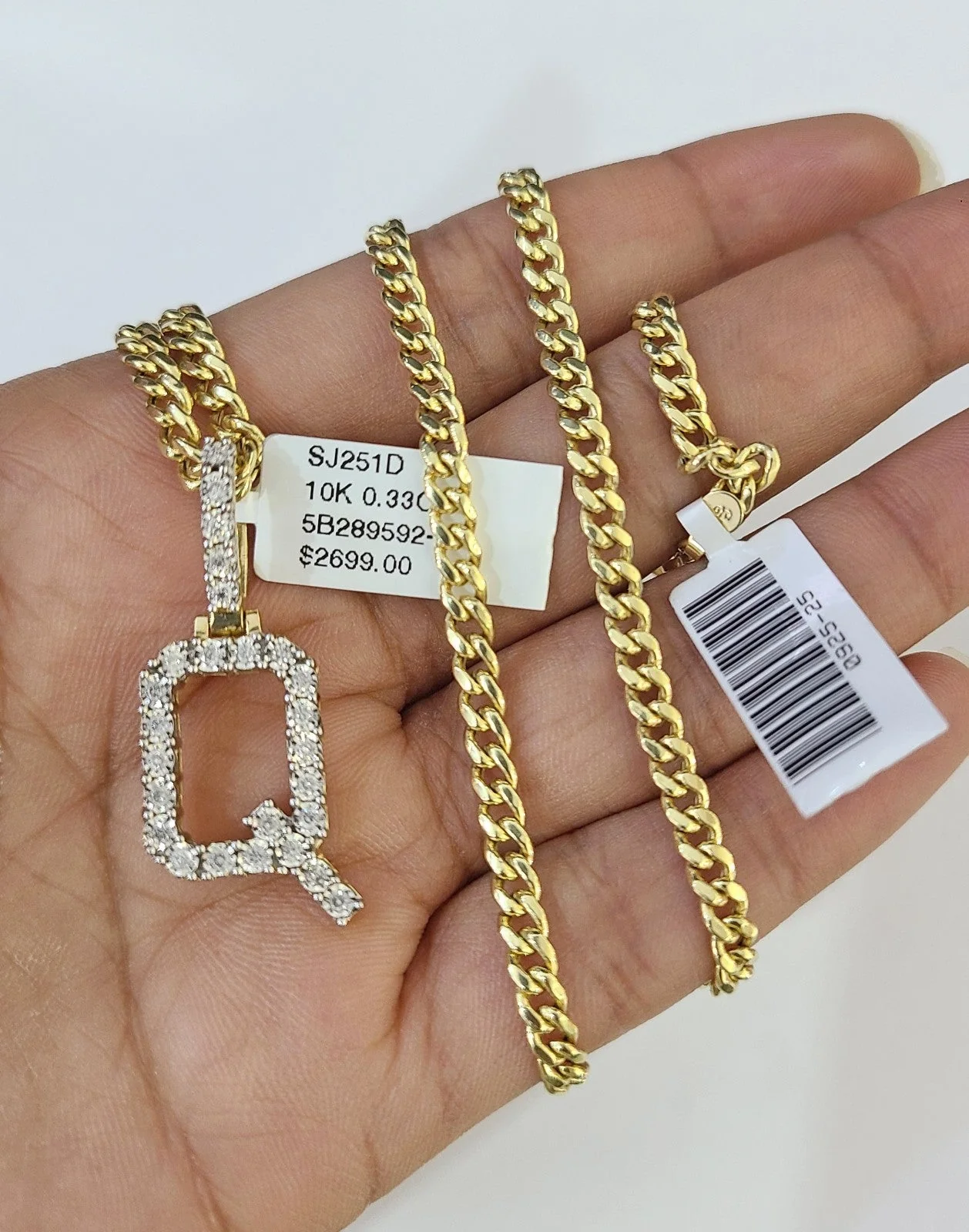 10K Gold Miami Cuban Chain Q Diamond Initial 20"-28" 3mm Pendant Necklace SET - Image 3