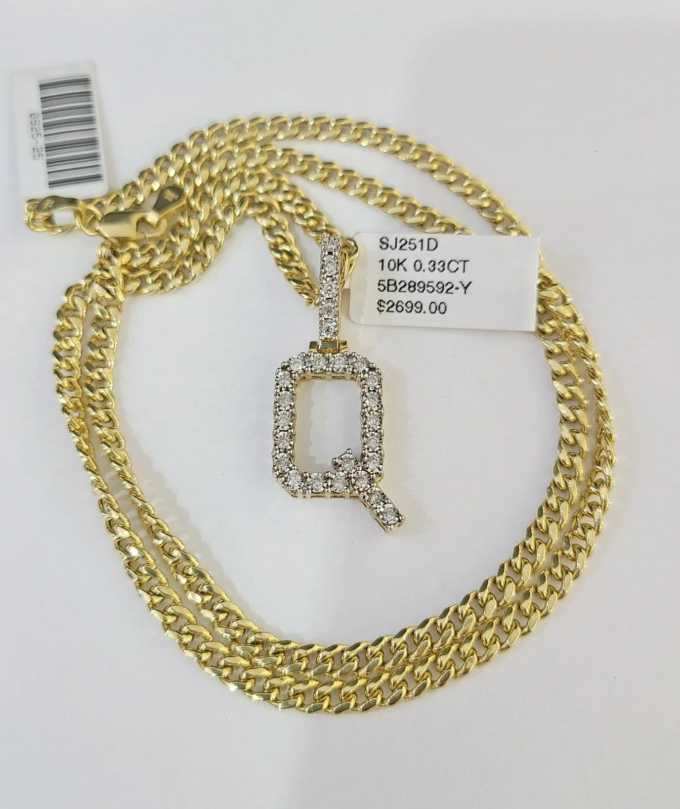 10K Gold Miami Cuban Chain Q Diamond Initial 20"-28" 3mm Pendant Necklace SET - Image 4