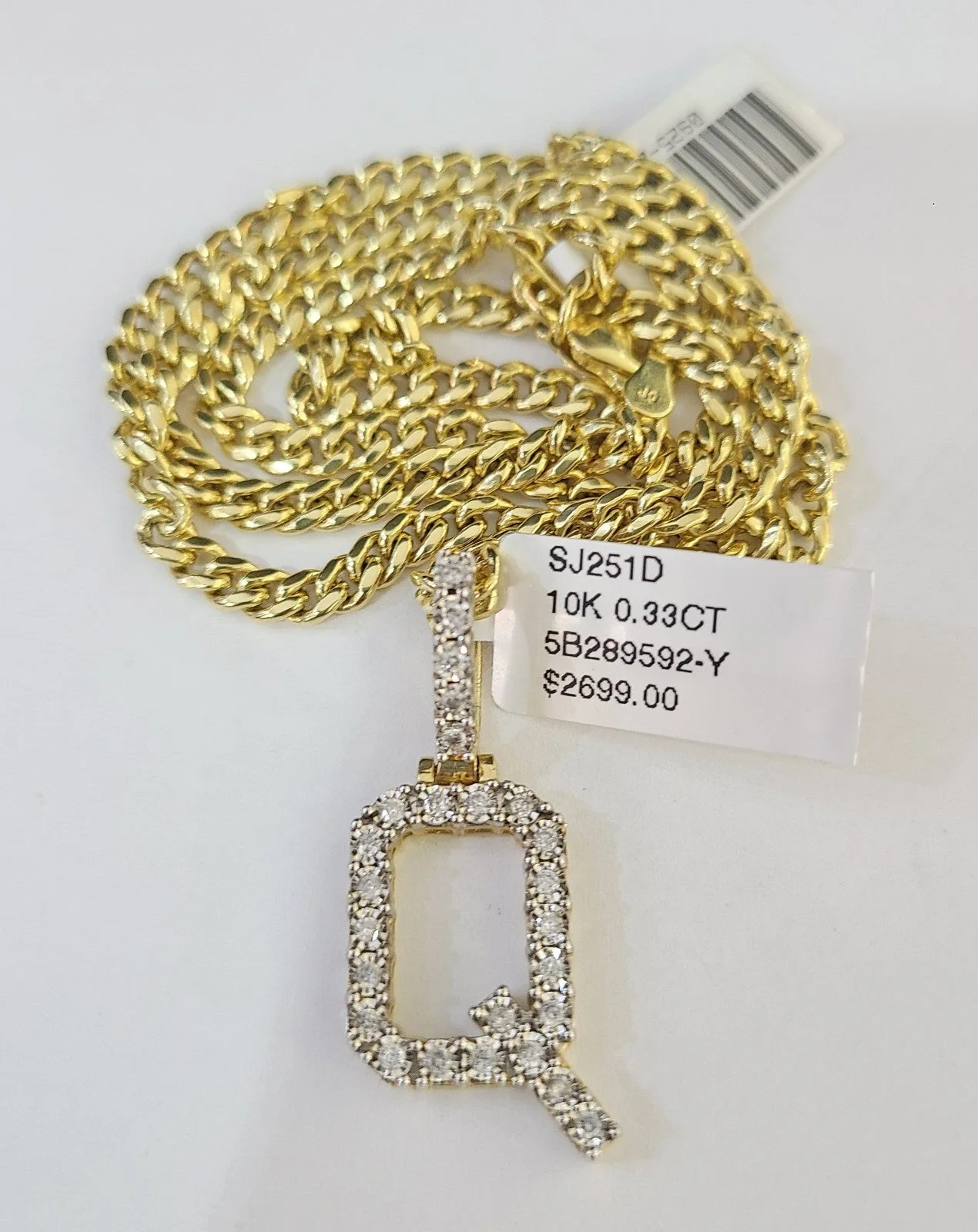 10K Gold Miami Cuban Chain Q Diamond Initial 20"-28" 3mm Pendant Necklace SET - Image 6