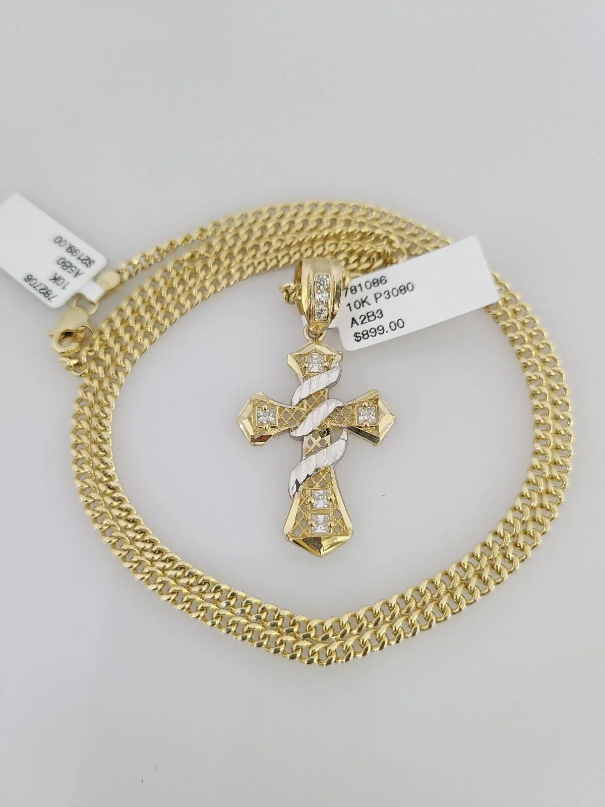 10k Gold Miami Cuban Chain Spiral Cross Charm Pendant 3mm 18-28in Necklace Set - Image 2