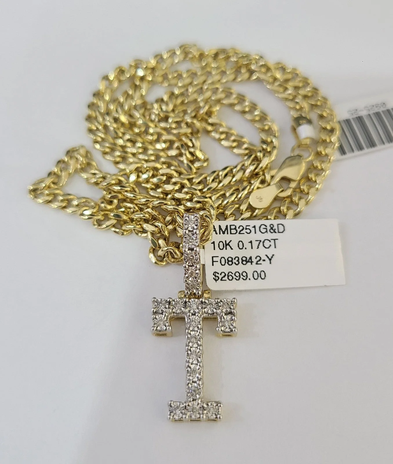 10K Gold Miami Cuban Chain T Diamond Initial 18"-24" 2mm Pendant Necklace SET - Image 2