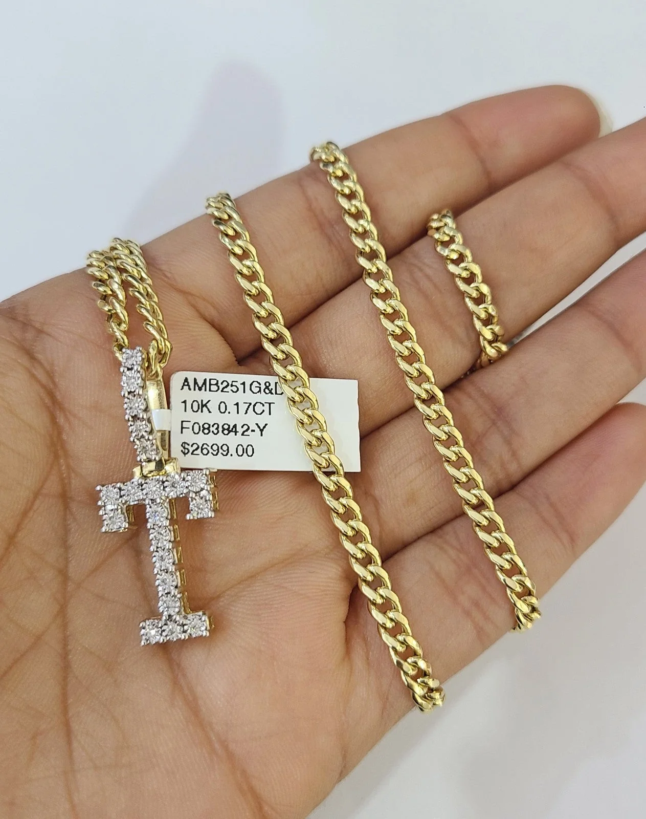 10K Gold Miami Cuban Chain T Diamond Initial 18"-24" 2mm Pendant Necklace SET - Image 4