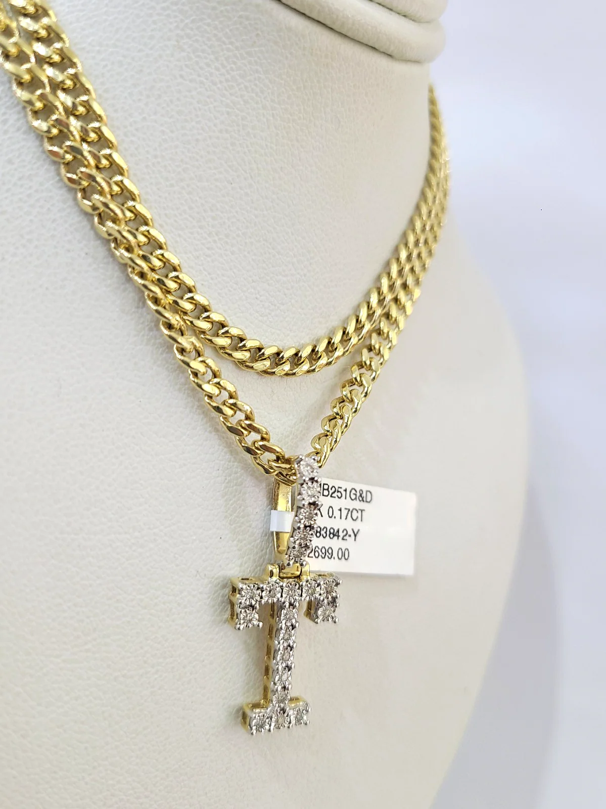 10K Gold Miami Cuban Chain T Diamond Initial 20"-28" 3mm Pendant Necklace SET - Image 3