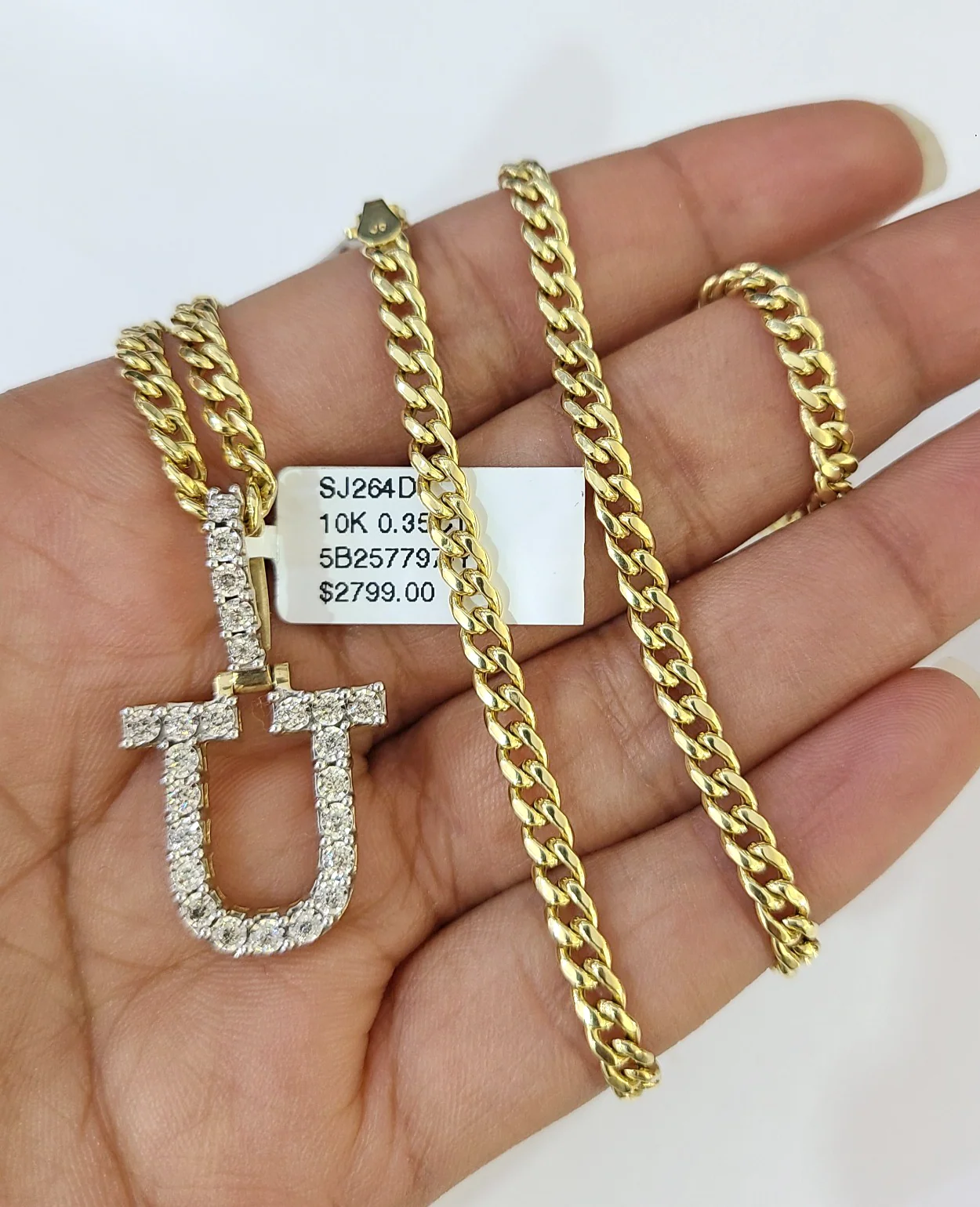 10K Gold Miami Cuban Chain U Diamond Initial 20"-28" 3mm Pendant Necklace SET - Image 3
