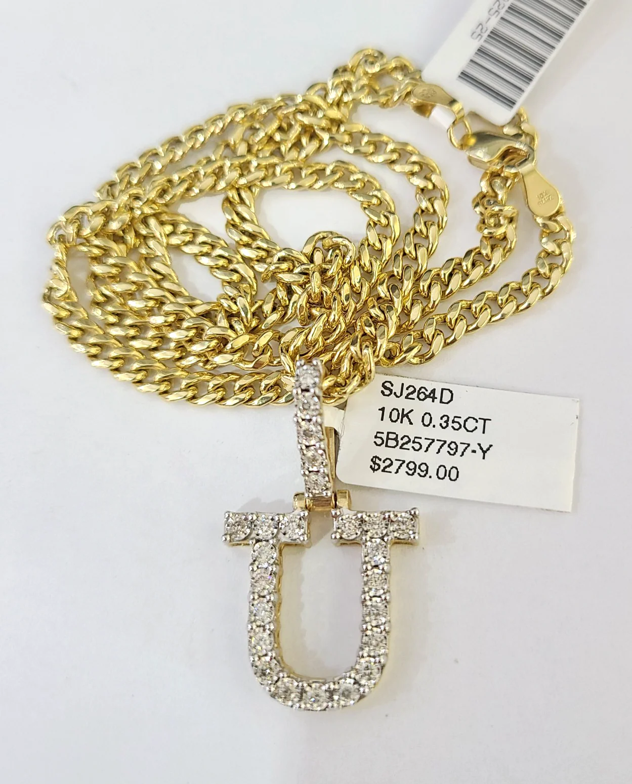 10K Gold Miami Cuban Chain U Diamond Initial 20"-28" 3mm Pendant Necklace SET - Image 5