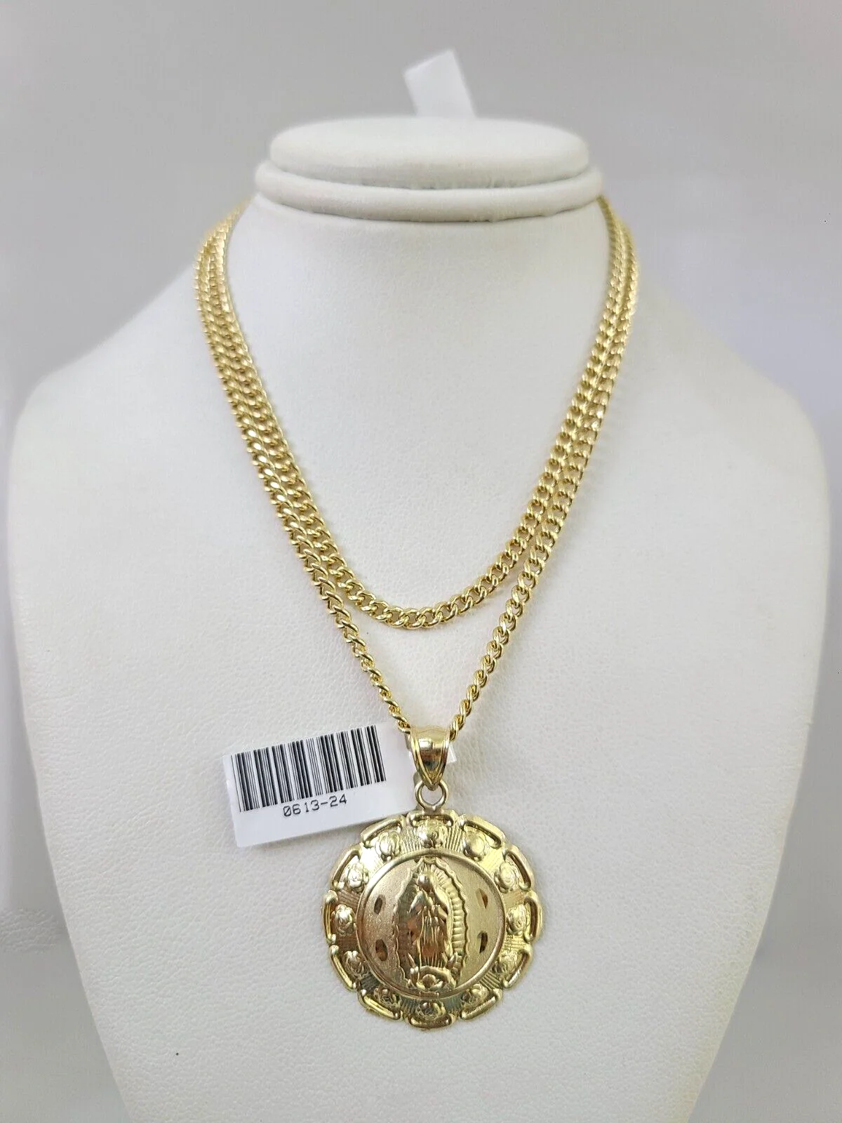 10k Gold Miami Cuban Chain Virgin Mary Charm Pendant 3mm 18-28in Necklace Set