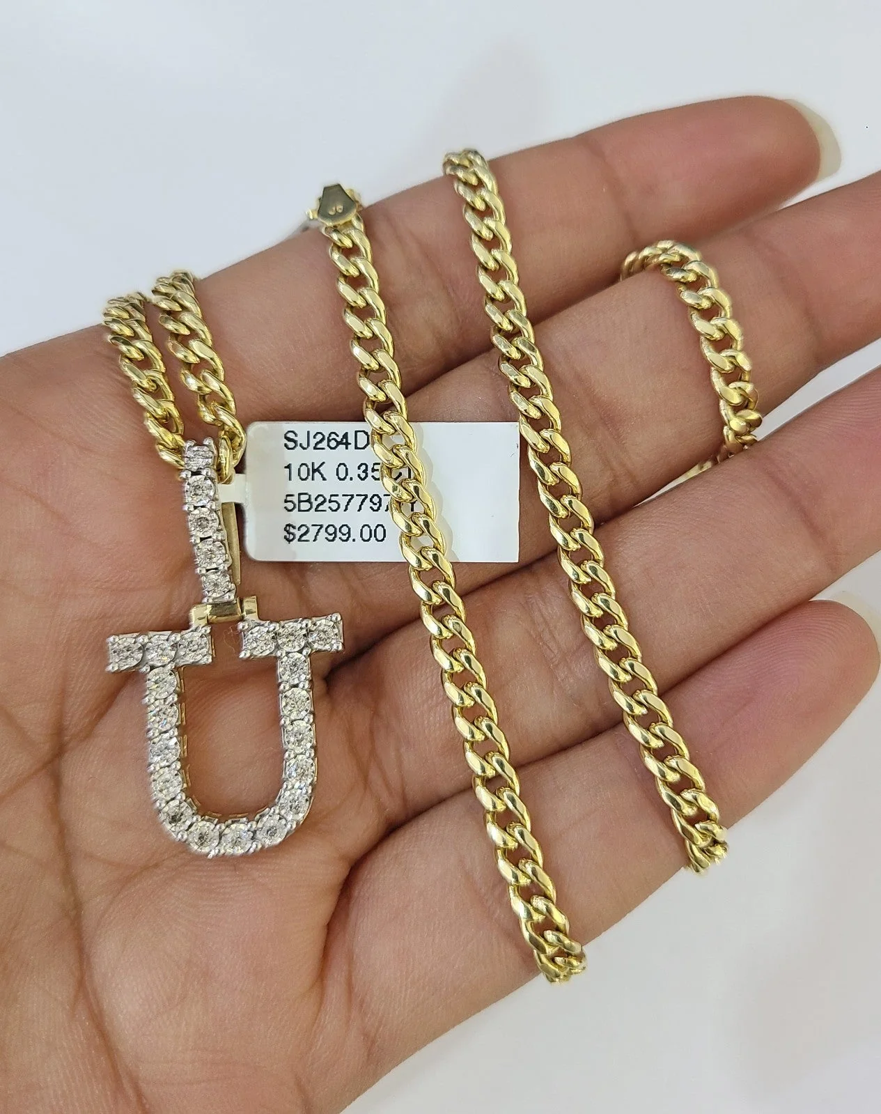10K Gold Miami Cuban Chain Y Diamond Initial 18"-24" 2mm Pendant Necklace SET - Image 4