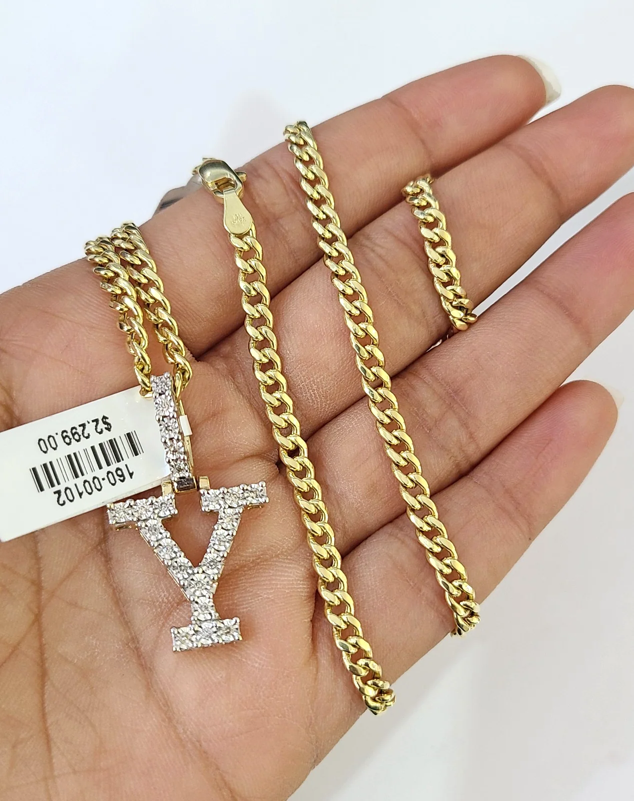 10K Gold Miami Cuban Chain Y Diamond Initial 20"-28" 3mm Pendant Necklace SET - Image 3