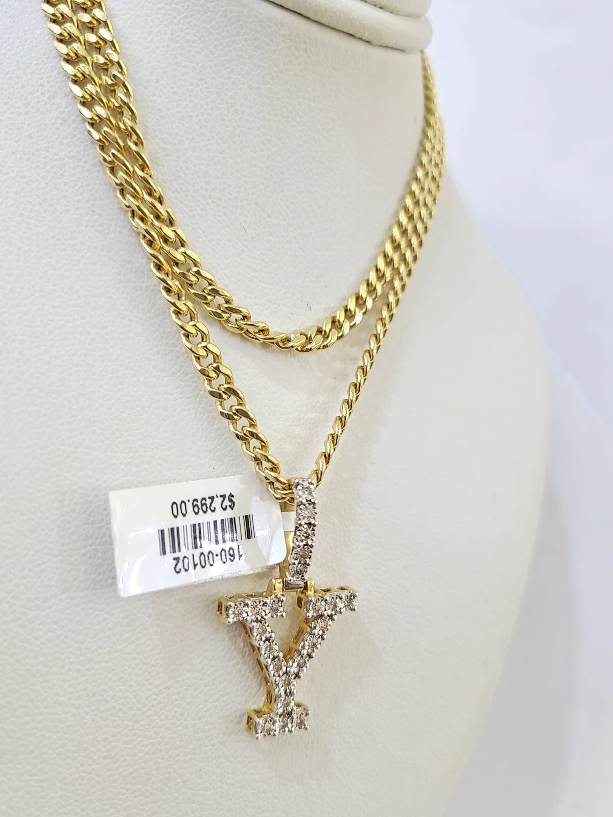 10K Gold Miami Cuban Chain Y Diamond Initial 20"-28" 3mm Pendant Necklace SET - Image 5