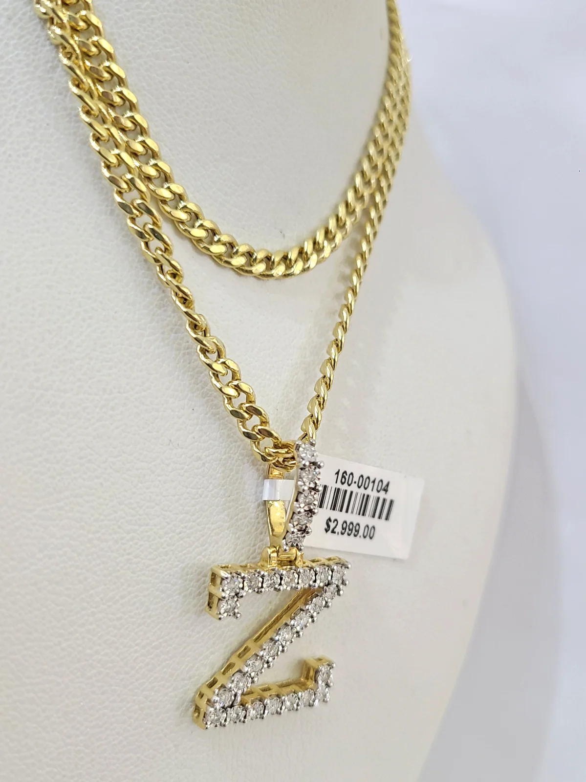 10K Gold Miami Cuban Chain Z Diamond Initial 20"-28" 3mm Pendant Necklace SET - Image 3