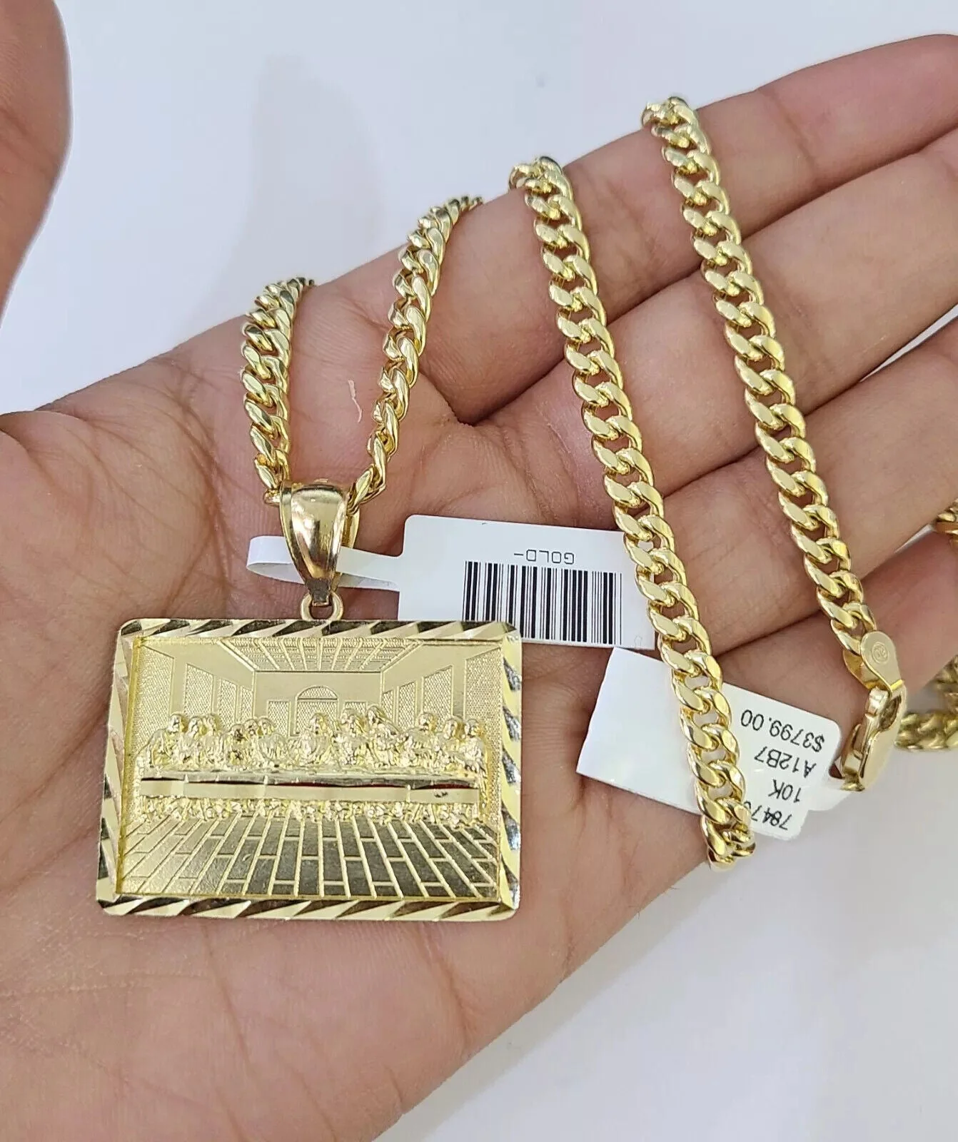 10k Gold Miami Cuban Link Chain Necklace 5mm & Last Supper Charm Pendant 18"-26" - Image 3