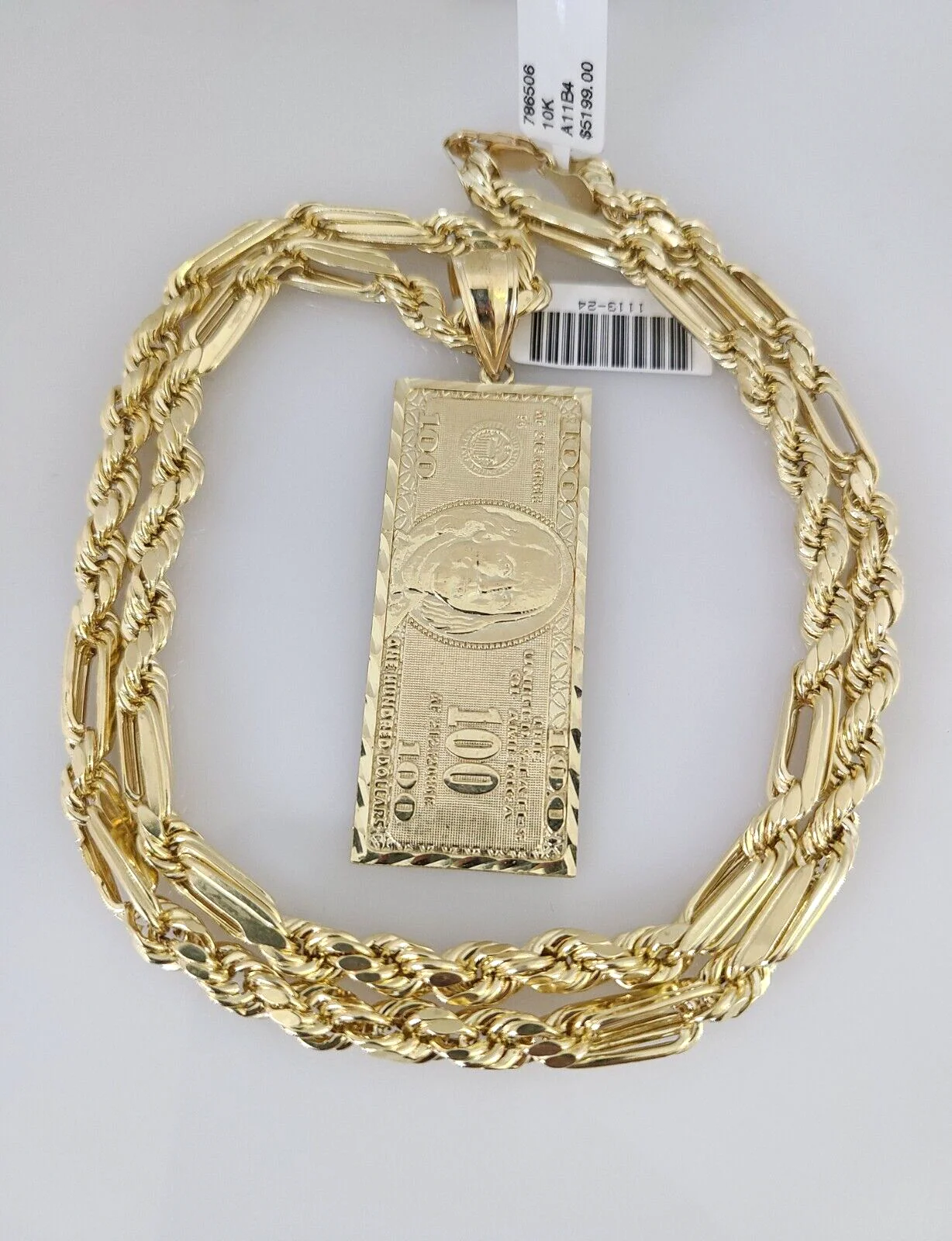 10k Gold Milano Rope Chain 100 Dollar Charm 6mm Set 20"-26'' Inches Necklace