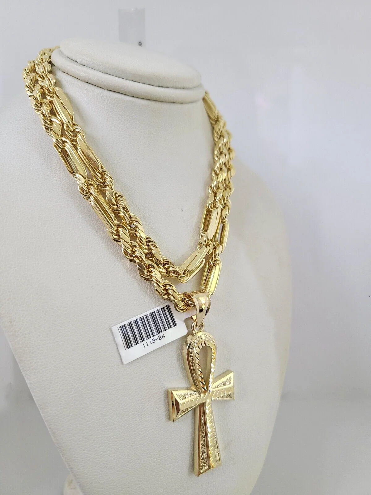 10k Gold Milano Rope Chain Ankh Cross Charm 6mm Set 20"-26'' Inches Necklace - Image 5