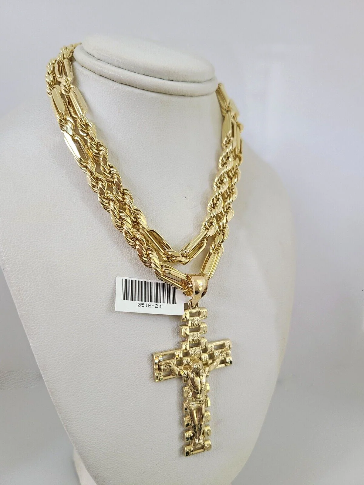 10k Gold Milano Rope Chain Jesus Cross Charm 6mm Set 20"-26'' Inches Necklace - Image 5